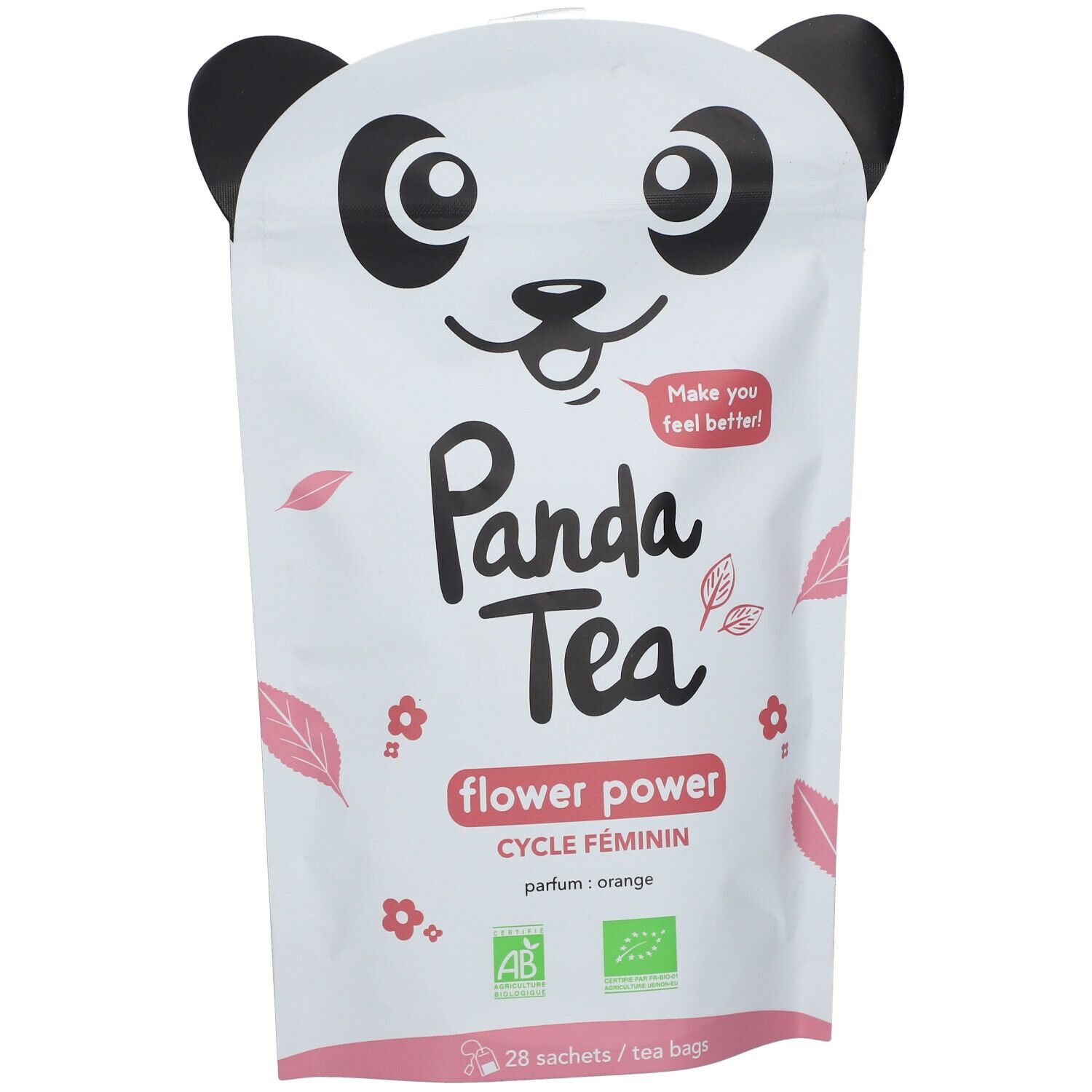 Panda Tea Flower Power-Beutel mit Panda-Gesicht. Rosa Blüten und Blätter. Text: Flower Power, Cycle Féminin, Orange. 28 Teebeutel. Bio-Siegel.