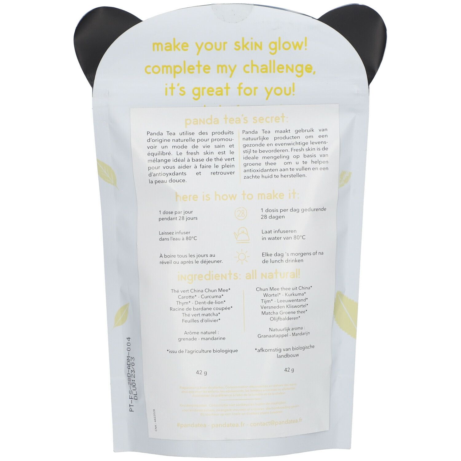 Dos du sachet Panda Tea. Texte: "make your skin glow!", "Panda Tea's secret", ingrédients, instructions, label bio.