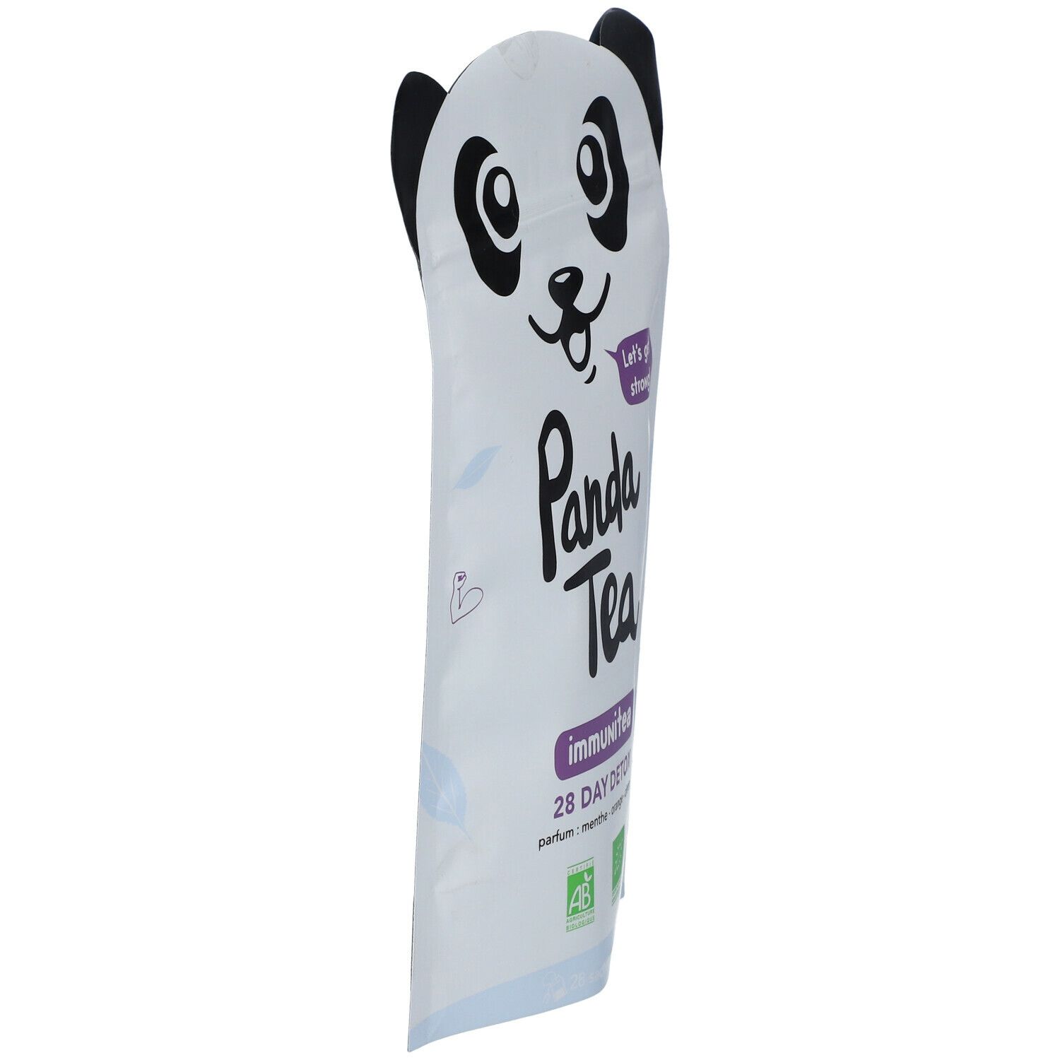 Sachet Panda Tea Immunitea, étroit. Blanc avec visage de panda. Texte : Immunitea, labels AB et Bio. Arômes : menthe, orange, citron.