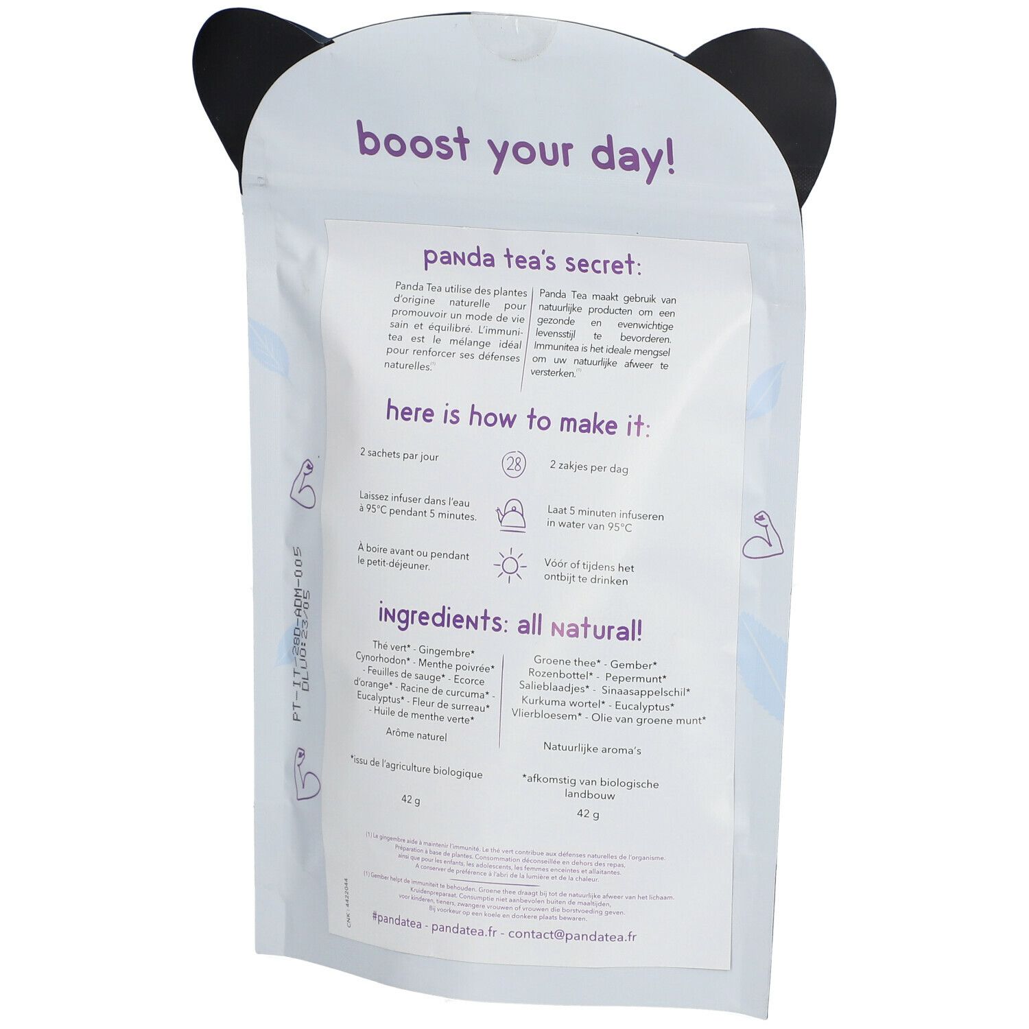 Dos du sachet Panda Tea Immunitea. Texte : Panda Tea's Secret, ingrédients, instructions, label Bio. Poids : 63g.