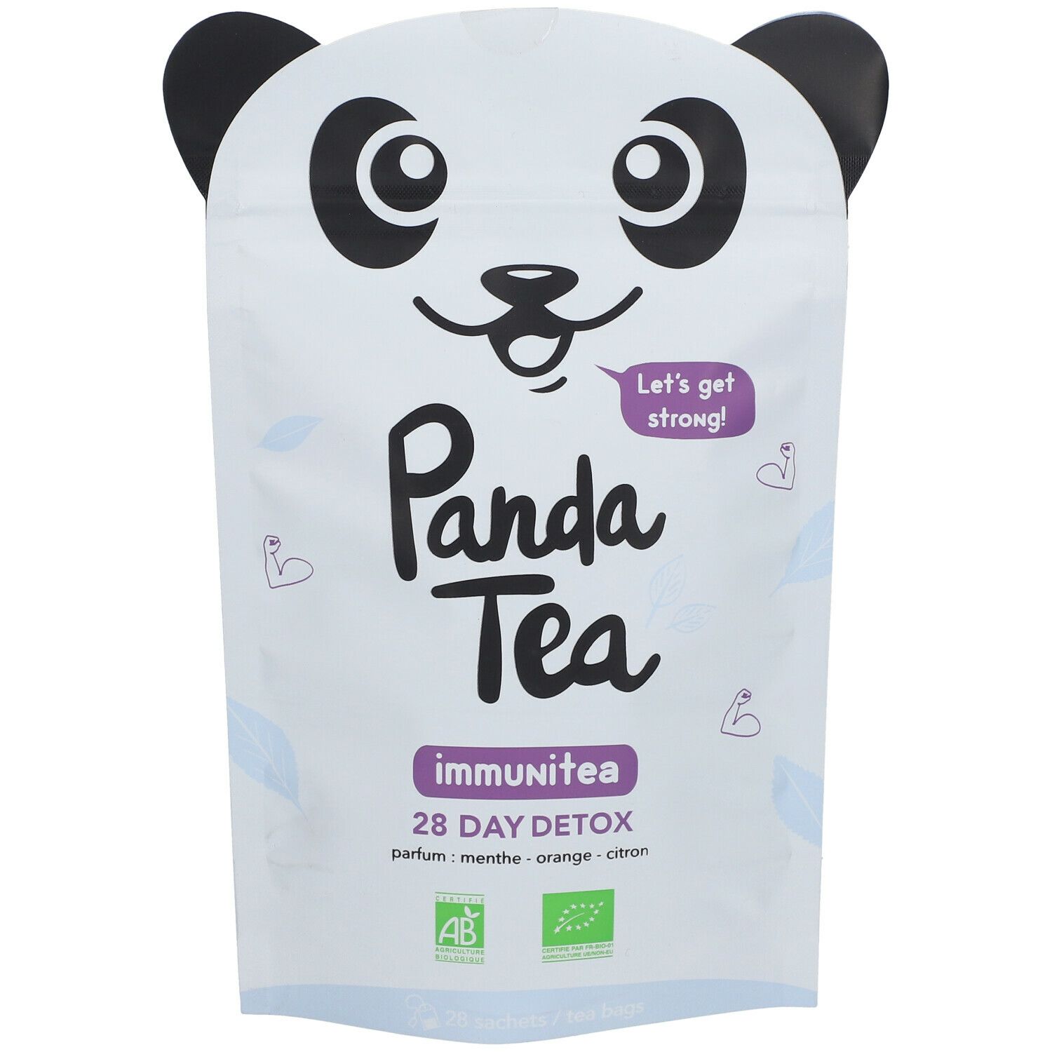 Sachet Panda Tea Immunitea. Blanc avec visage de panda. Texte : Immunitea, 28 jours Detox, labels AB et Bio. Arômes : menthe, orange, citron.