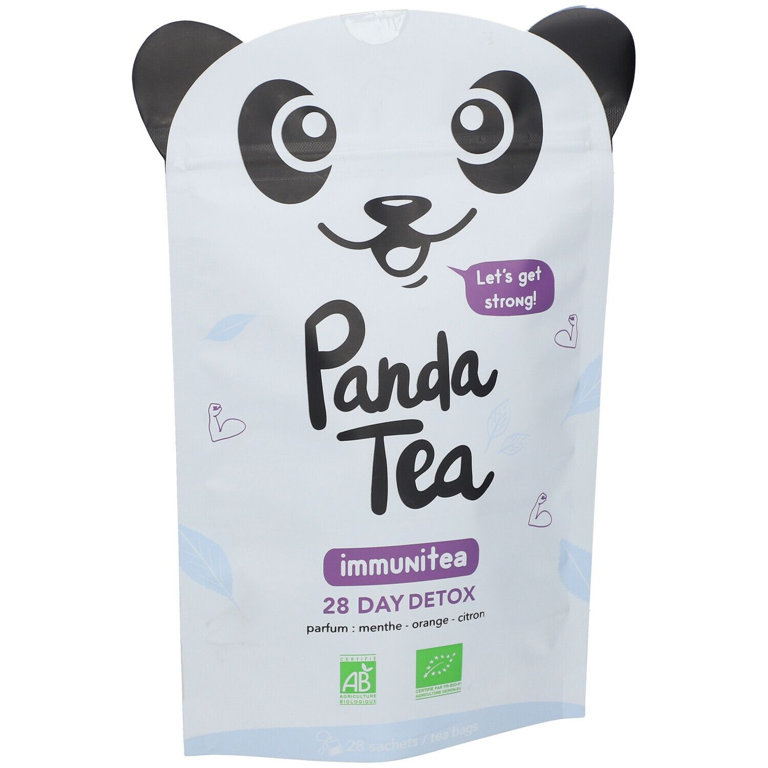 Sachet Panda Tea Immunitea. Blanc avec visage de panda. Texte : Immunitea, 28 jours Detox, labels AB et Bio. Arômes : menthe, orange, citron.