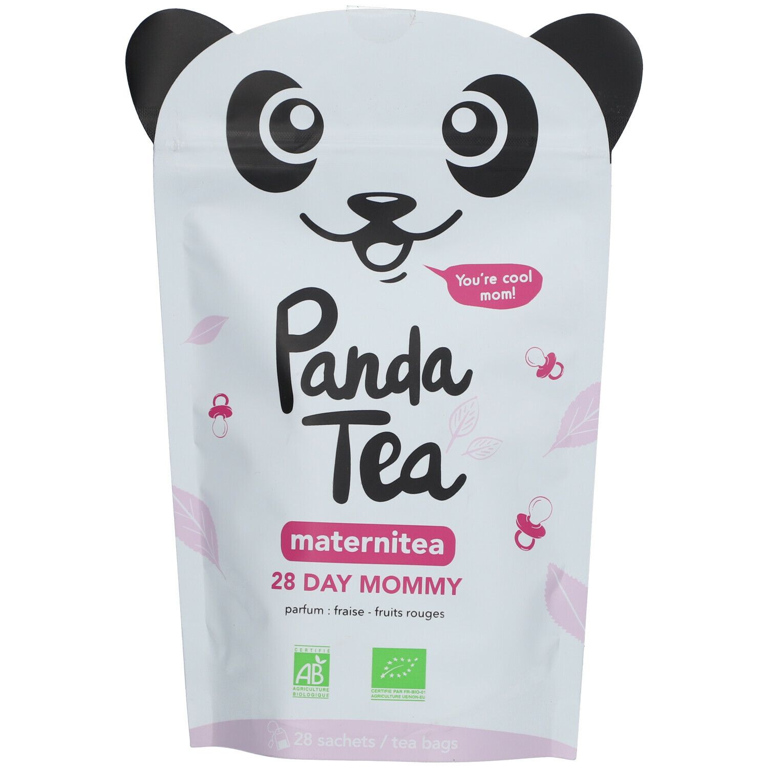 Verpakking van Panda Tea Maternitea. Witte zak met panda gezicht en oren. Tekst: "Panda Tea", "28 DAY MOMMY", "parfum : fraise - fruits rouges".