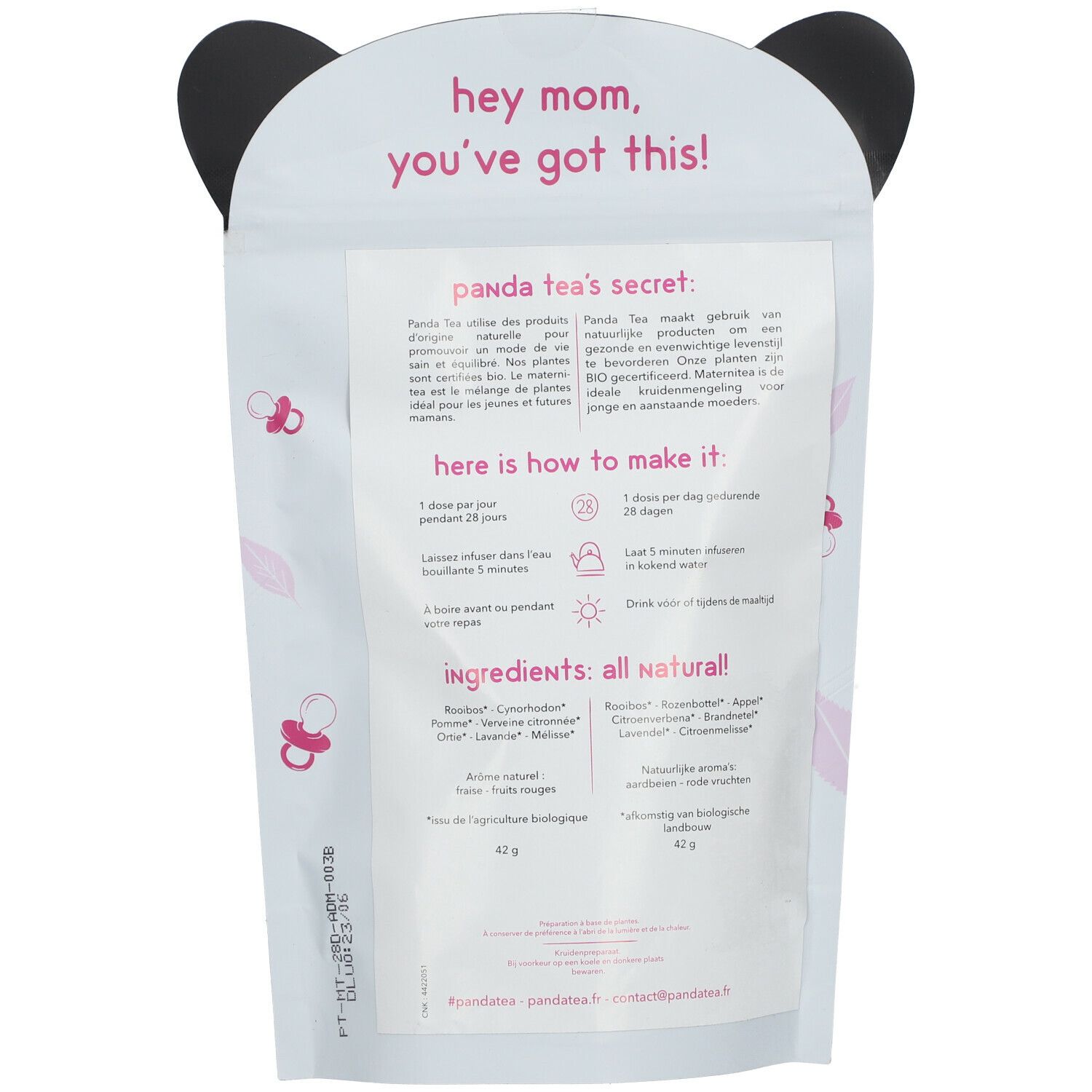 Achterkant van de Panda Tea Maternitea verpakking. Tekst: "hey mom, you've got this!". Ingrediëntenlijst en bereidingsinstructies.