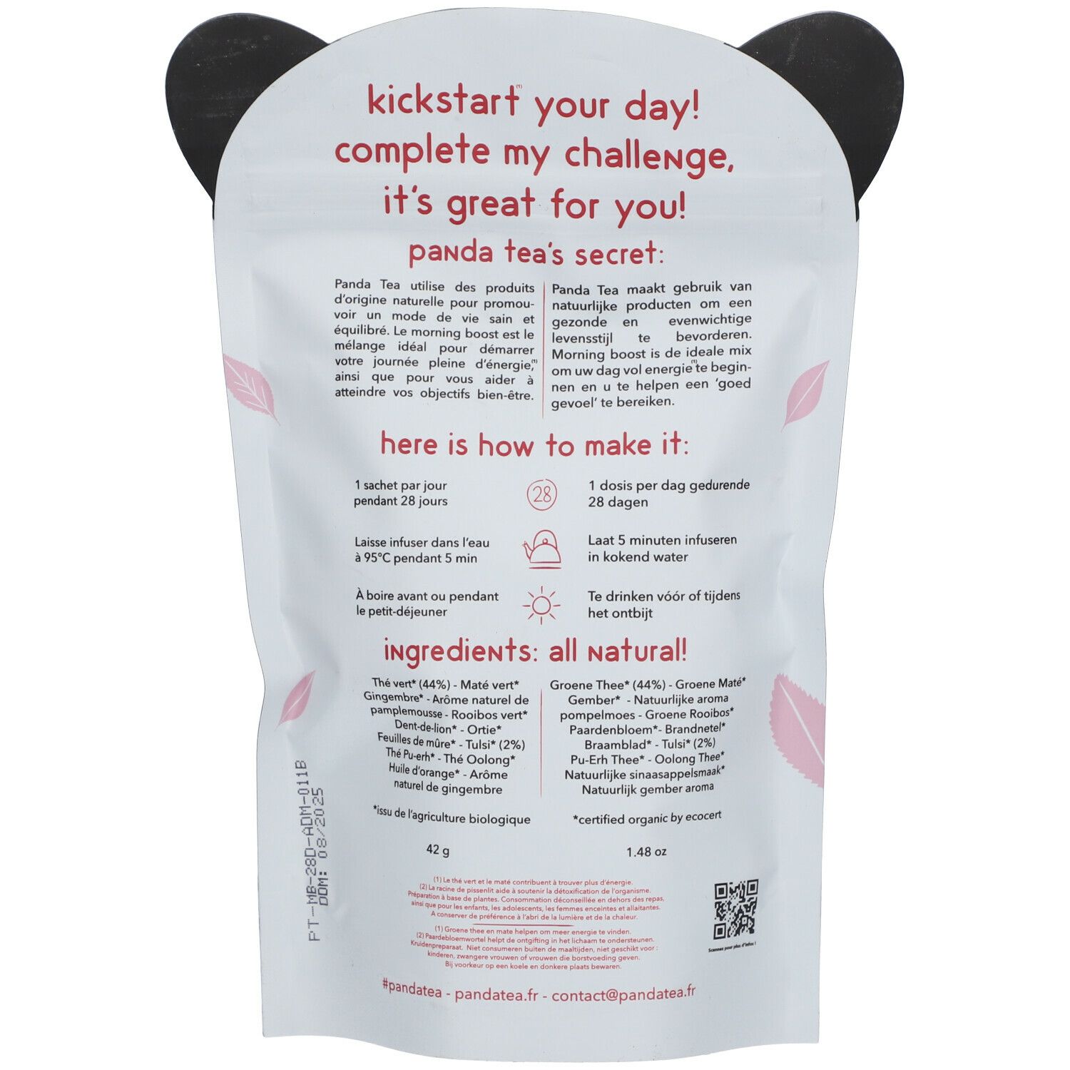 Dos du sachet Panda Tea. Texte : Panda Tea's secret. Liste des ingrédients. Instructions de préparation. Certification bio.
