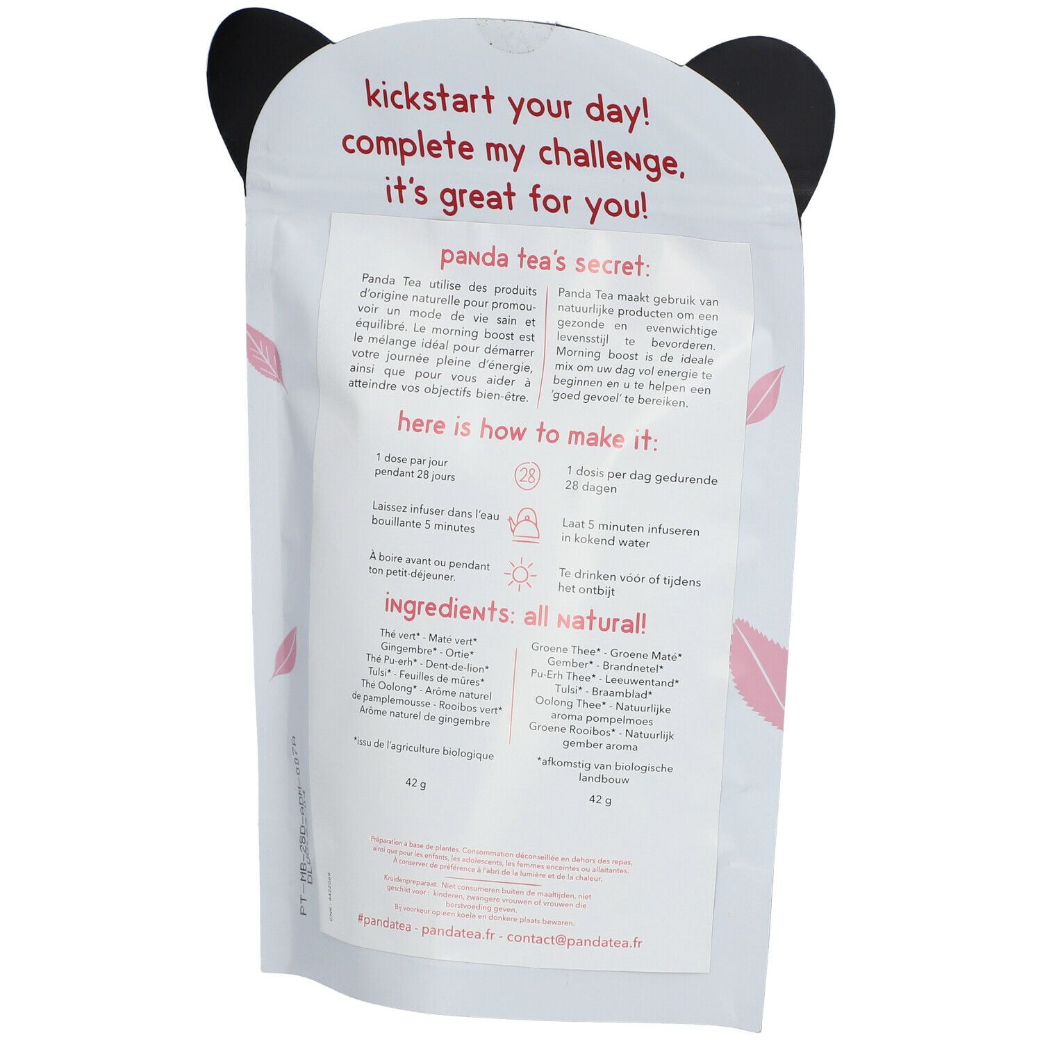 Dos du sachet Panda Tea. Texte : Panda Tea's secret. Liste des ingrédients. Instructions de préparation. Certification bio.