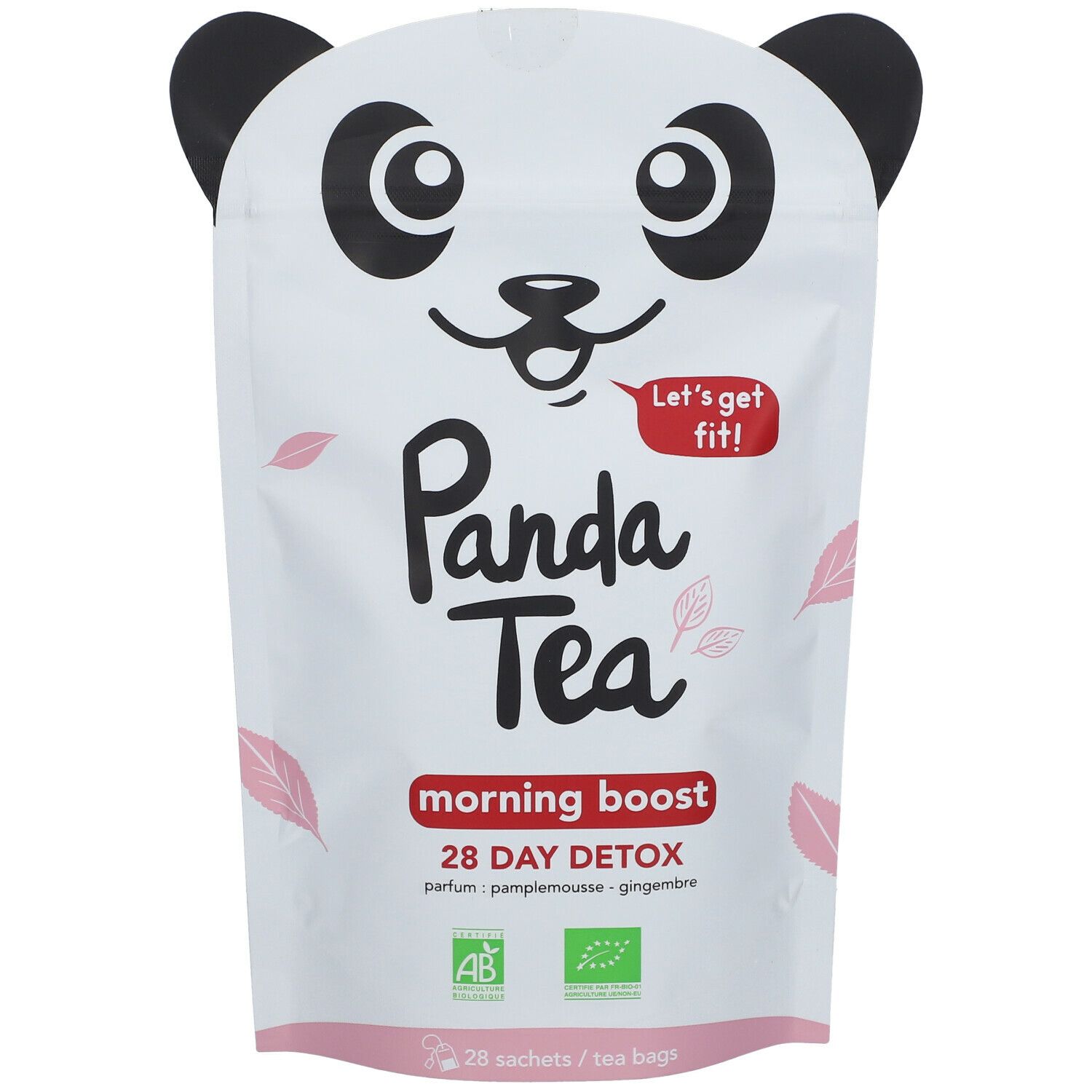 Sachet Panda Tea avec visage de panda. Inscription : Panda Tea Morning Boost Detox. 28 jours detox. Certifications AB et Bio.
