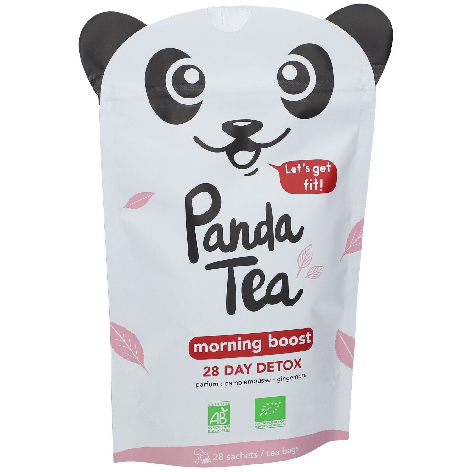 Sachet Panda Tea avec visage de panda. Inscription : Panda Tea Morning Boost Detox. 28 jours detox. Certifications AB et Bio.