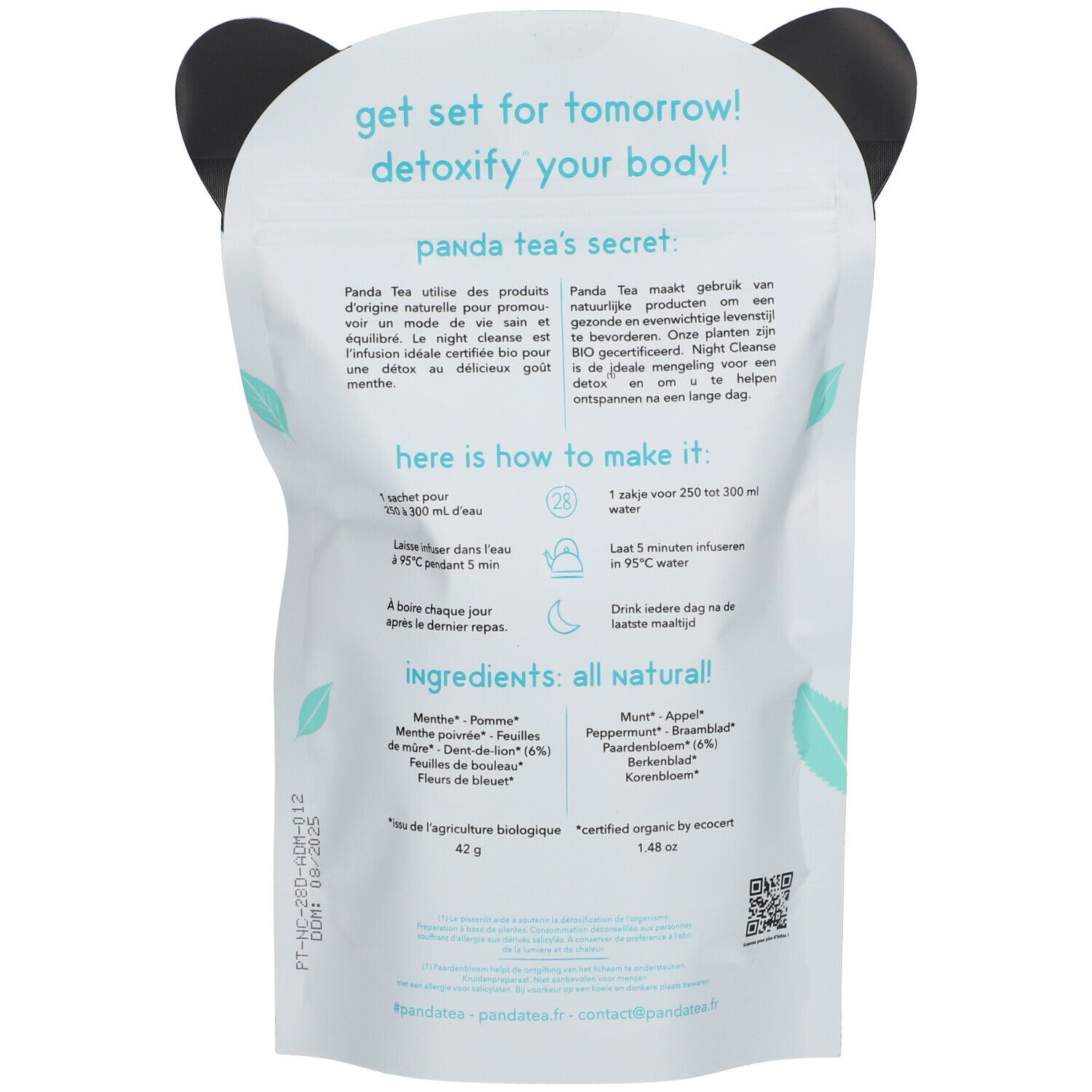Dos du sachet Panda Tea Night Cleanse Detox. Texte: "get set for tomorrow! detoxify your body!". Liste des ingrédients.
