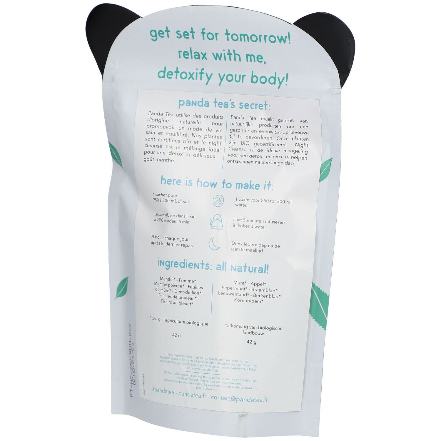 Dos du sachet Panda Tea Night Cleanse Detox. Texte: "get set for tomorrow! relax with me, detoxify your body!".