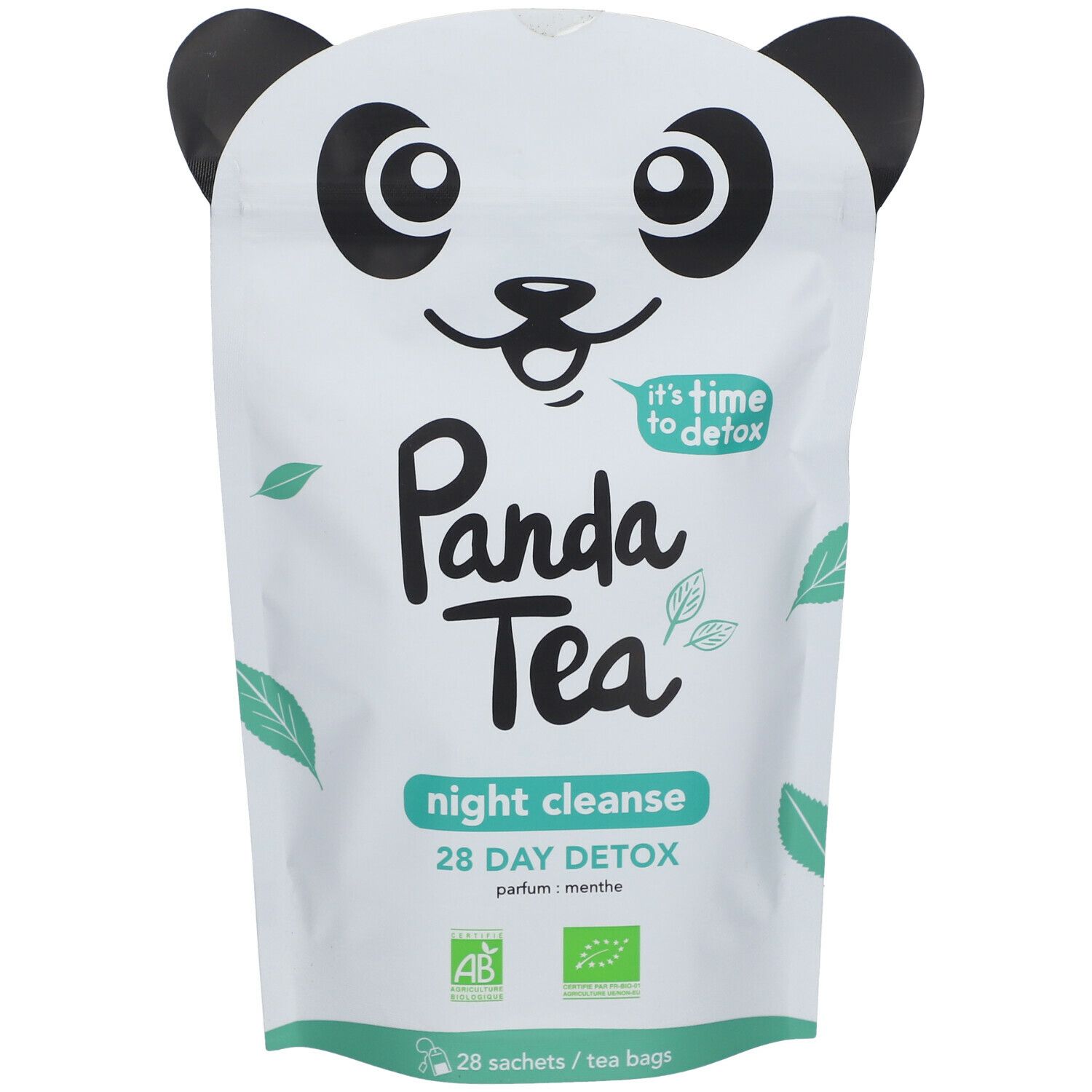 Sachet Panda Tea Night Cleanse Detox avec visage de panda. Inscription: 28 DAY DETOX. Label bio. Parfum menthe.