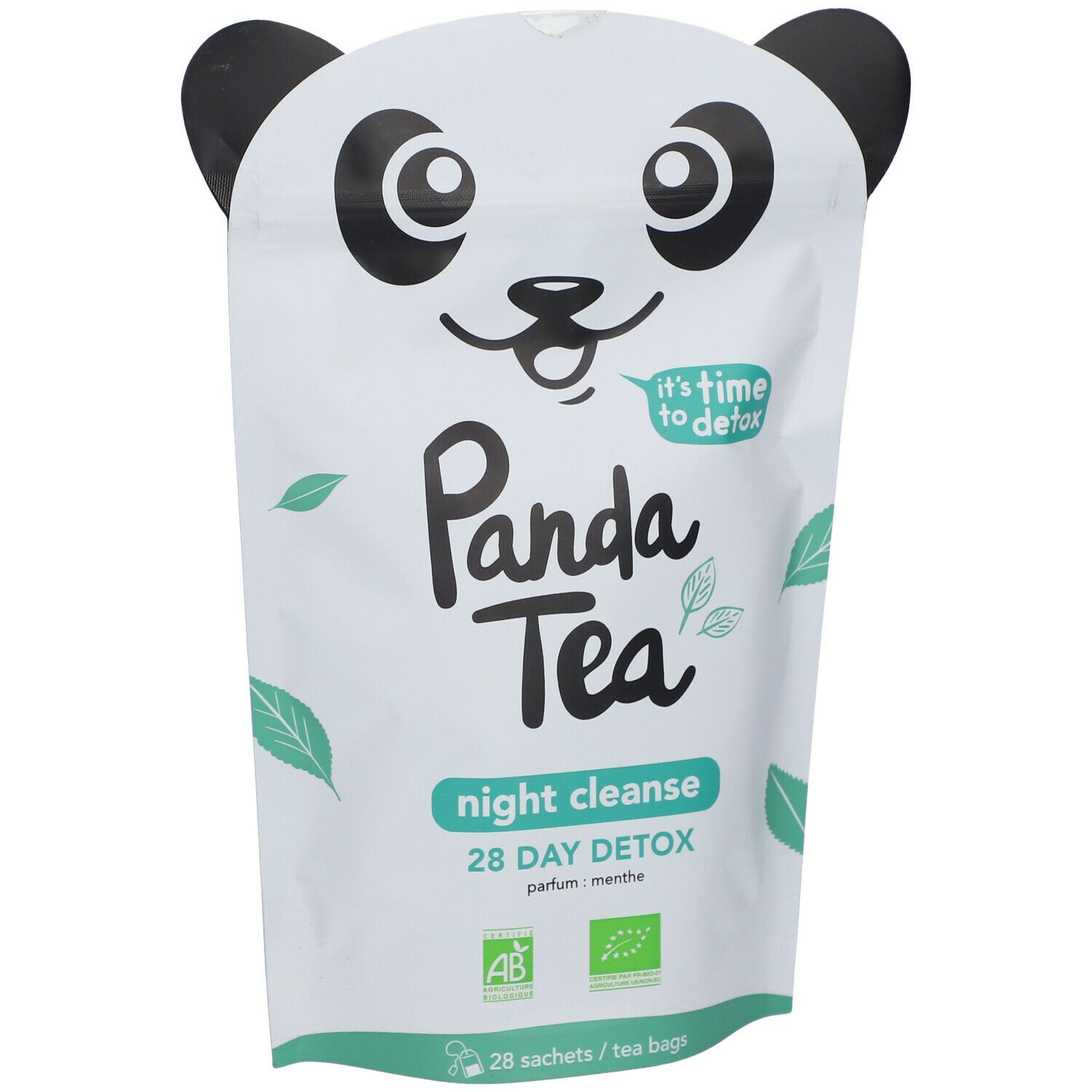 Sachet Panda Tea Night Cleanse Detox avec visage de panda. Inscription: 28 DAY DETOX. Label bio. Parfum menthe.