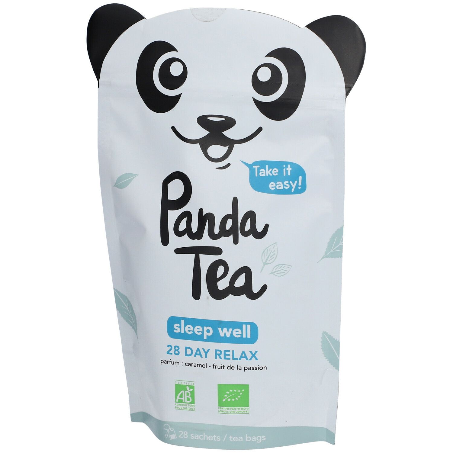 Sachet d'infusion Panda Tea Sleep Well. Blanc avec visage de panda, oreilles noires. Texte: Panda Tea, sleep well, 28 day relax.