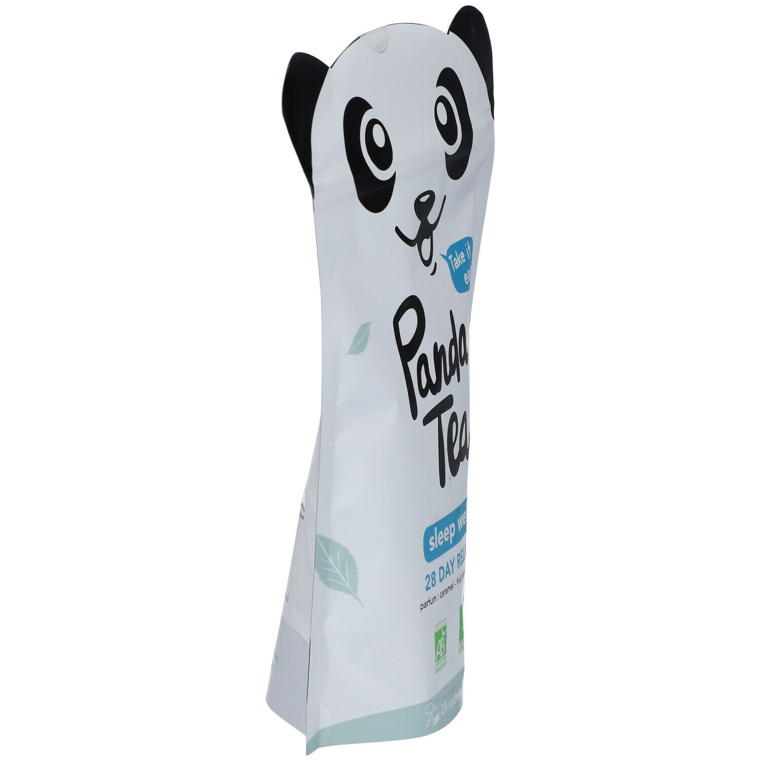 Sachet d'infusion Panda Tea Sleep Well, vue latérale. Blanc avec visage de panda, oreilles noires. Texte: Panda Tea, sleep well, 28 day relax.