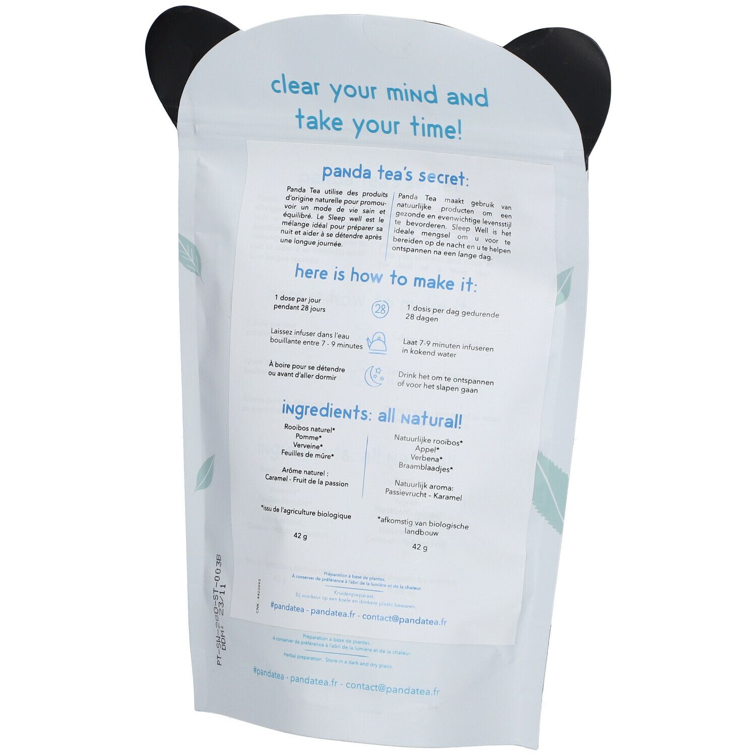 Dos du sachet d'infusion Panda Tea Sleep Well. Blanc avec texte et illustrations. Contient ingrédients et instructions.