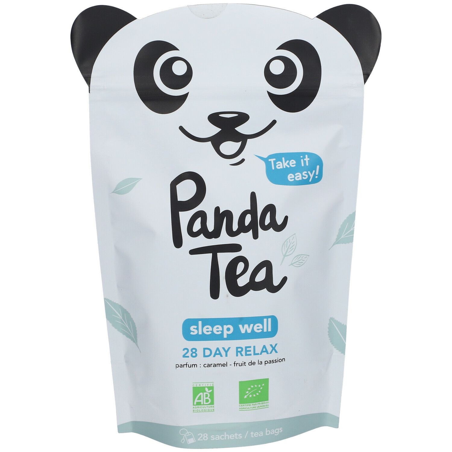 Sachet d'infusion Panda Tea Sleep Well. Blanc avec visage de panda, oreilles noires. Texte: Panda Tea, sleep well, 28 day relax.