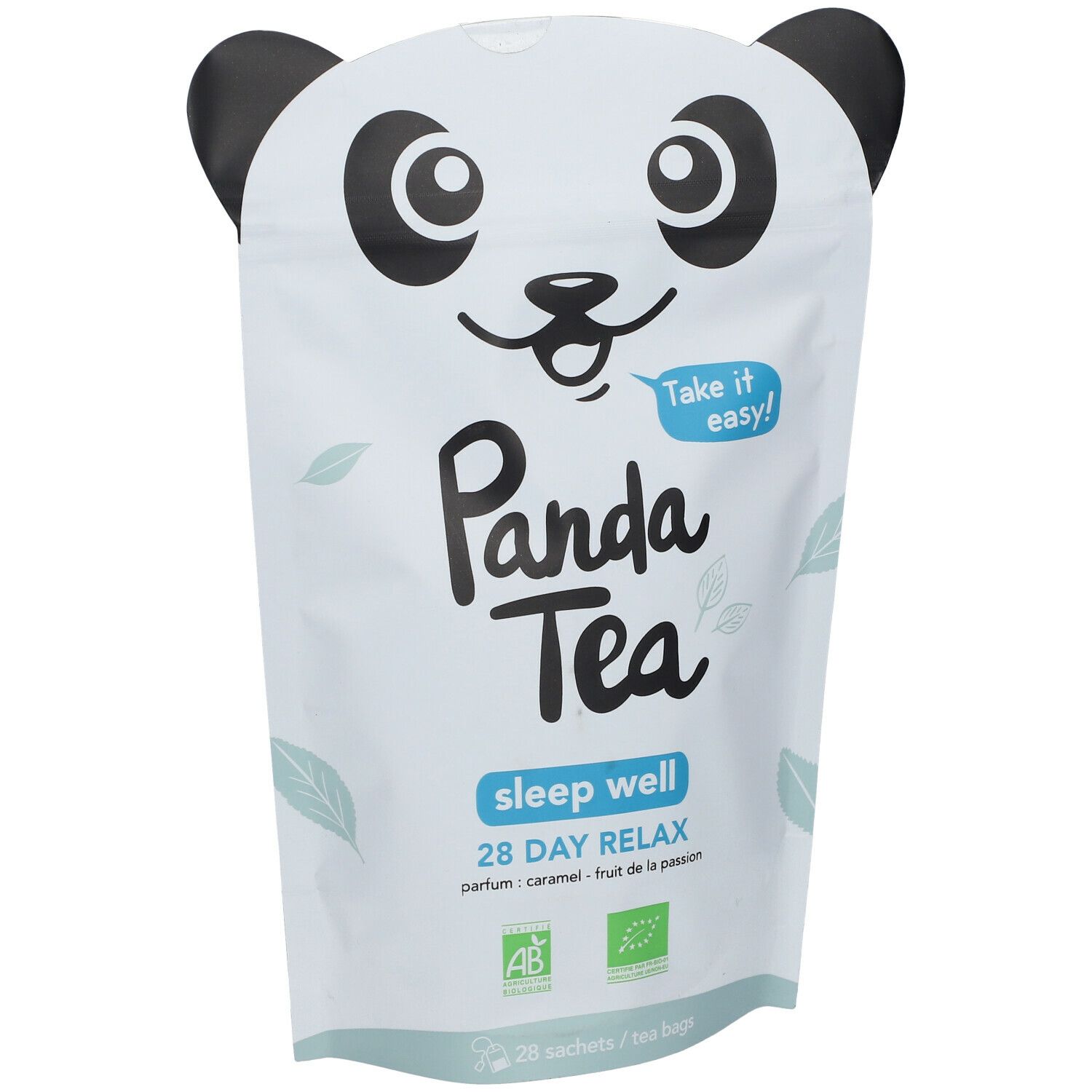 Sachet d'infusion Panda Tea Sleep Well. Blanc avec visage de panda, oreilles noires. Texte: Panda Tea, sleep well, 28 day relax.
