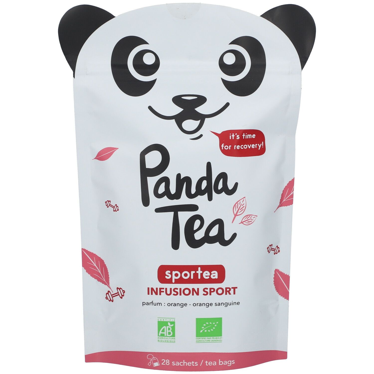 Zakje Panda Tea Sportea, sport infusie. Panda gezicht. Tekst: "It's time for recovery!". AB en Bio certificeringen. 28 zakjes.