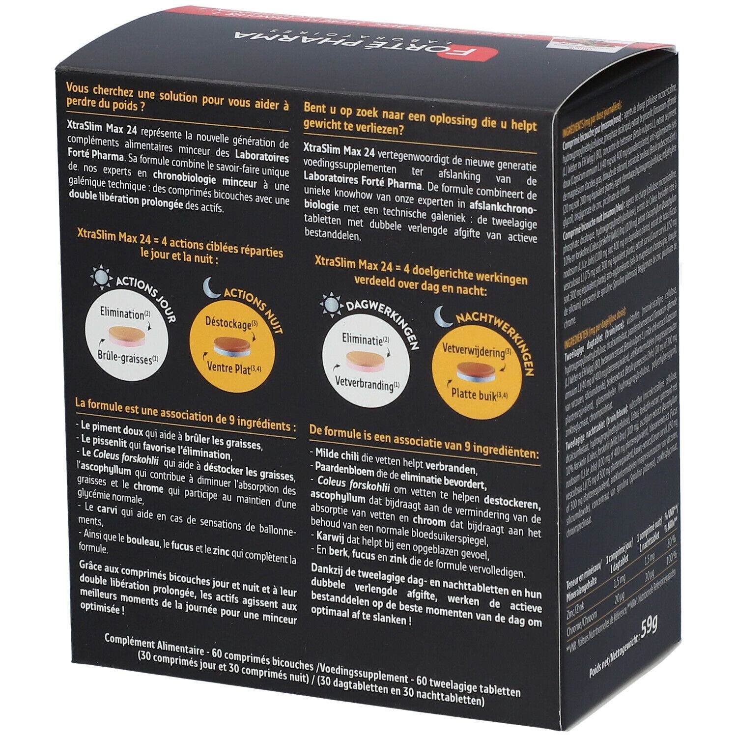 Achterkant van de doos FORTÉ PHARMA XtraSlim MAX 24. Meertalige tekst, productinformatie.
