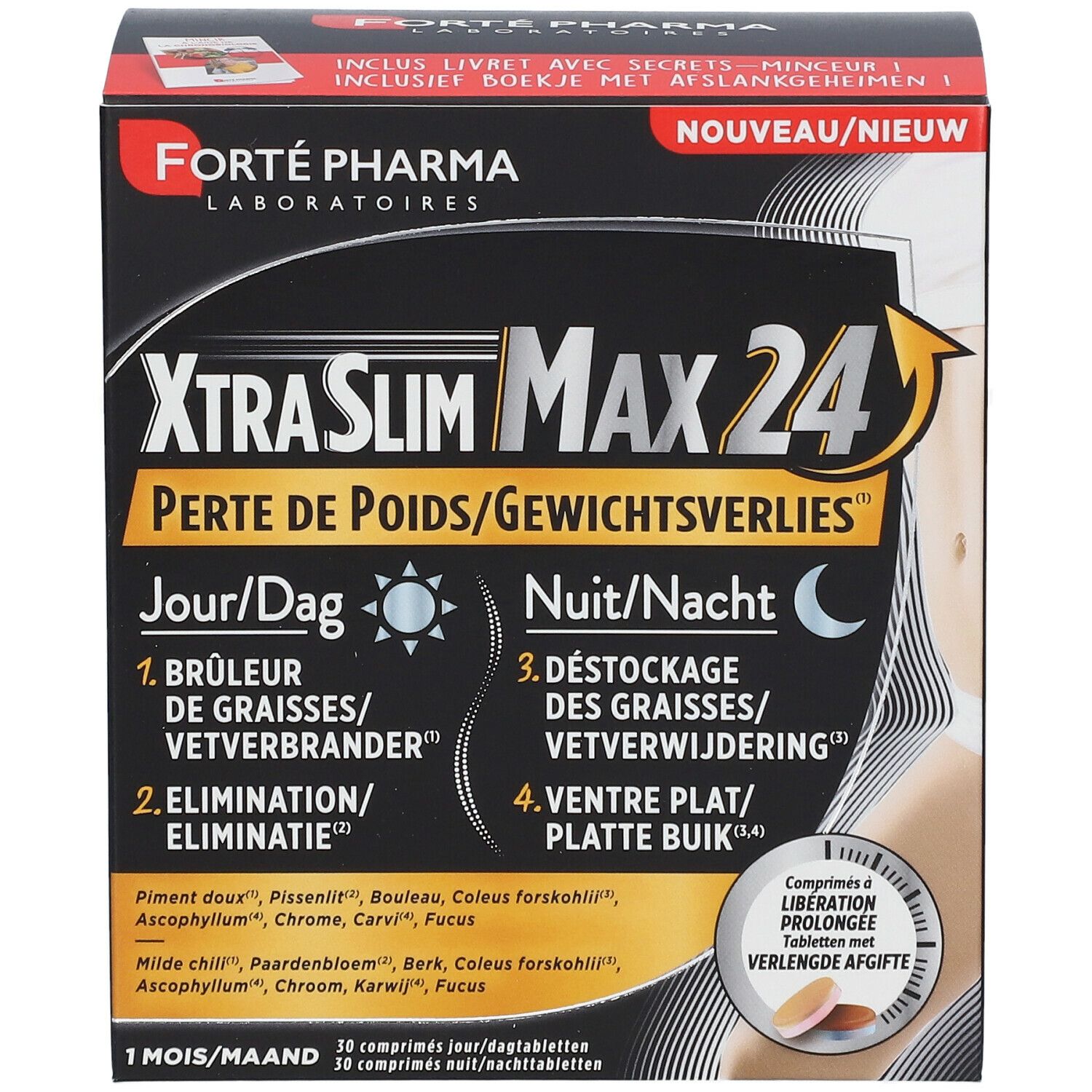 Doos FORTÉ PHARMA XtraSlim MAX 24. Zwarte verpakking met productnaam en afbeelding van een vrouw.