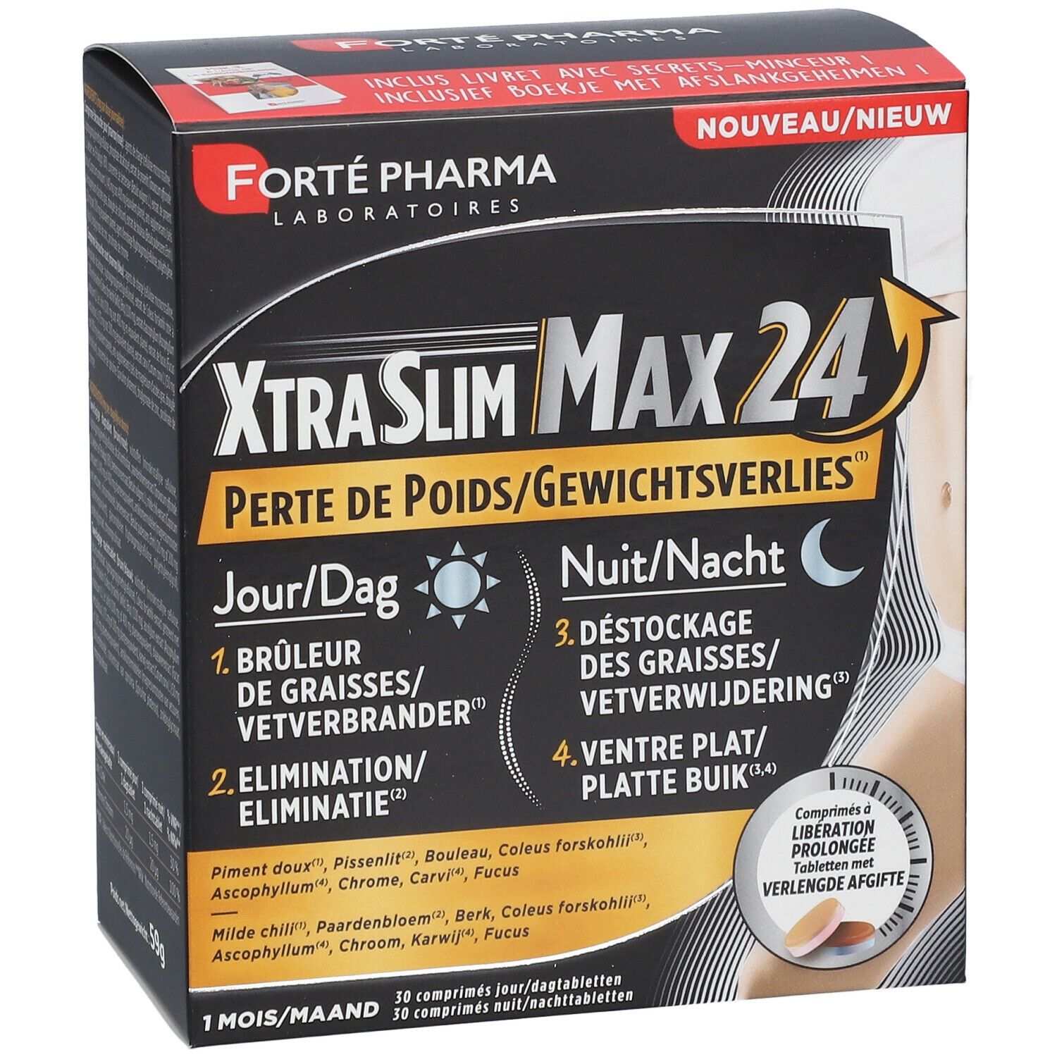 Doos FORTÉ PHARMA XtraSlim MAX 24. Zwarte verpakking met productnaam en afbeelding van een vrouw.