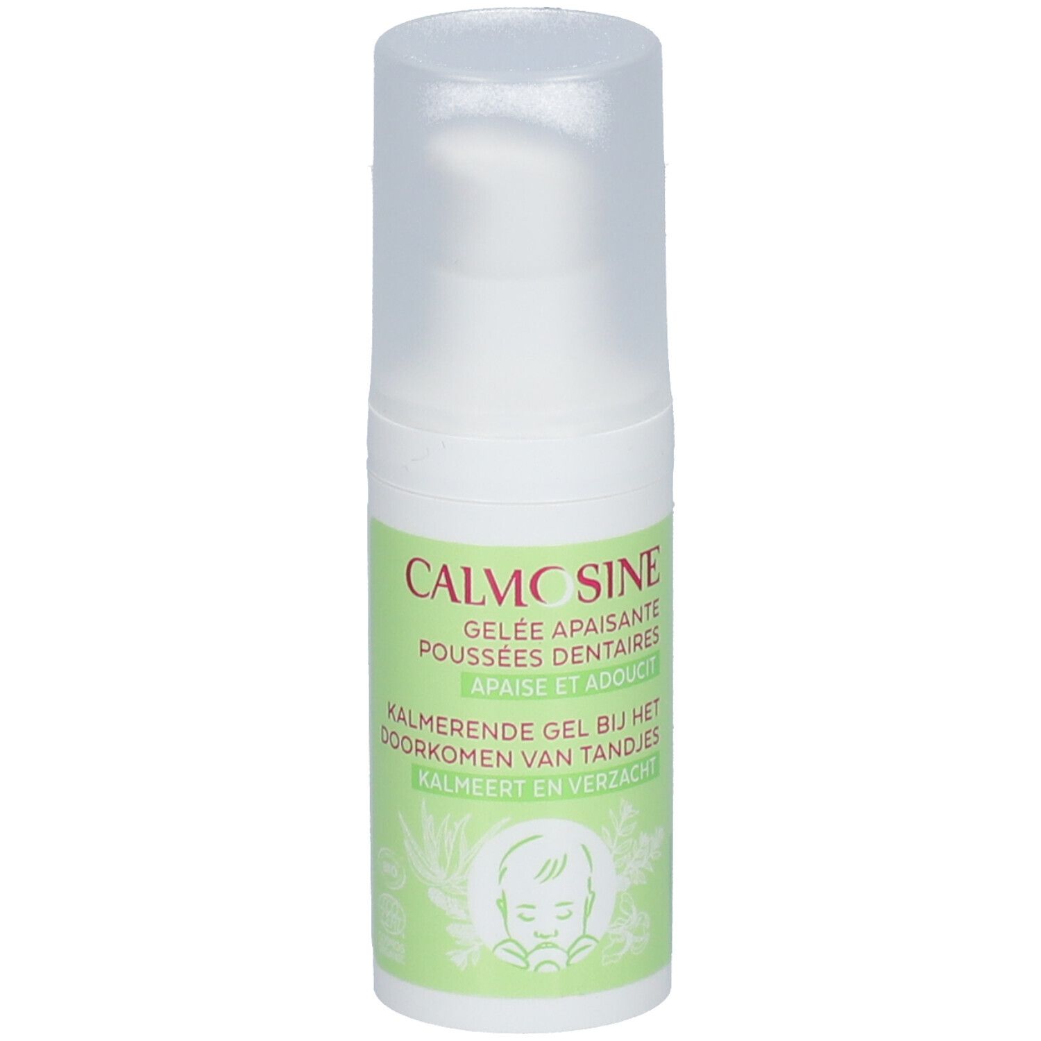 Witte fles met transparante dop. Opschrift: Calmosine Gelée Apaisante Poussées Dentaires Bio. Groene sticker met baby-illustratie.