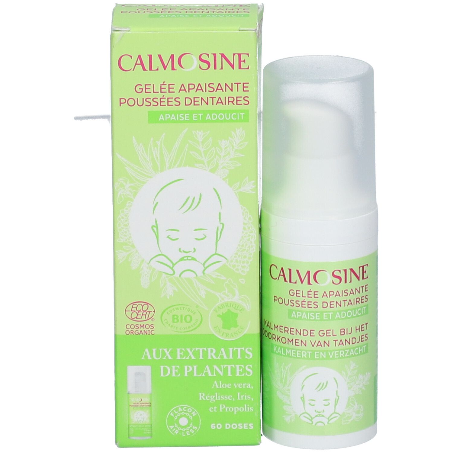 Productfles en verpakking. Opschrift: Calmosine Gelée Apaisante Poussées Dentaires Bio. Groene verpakking met baby-illustratie.