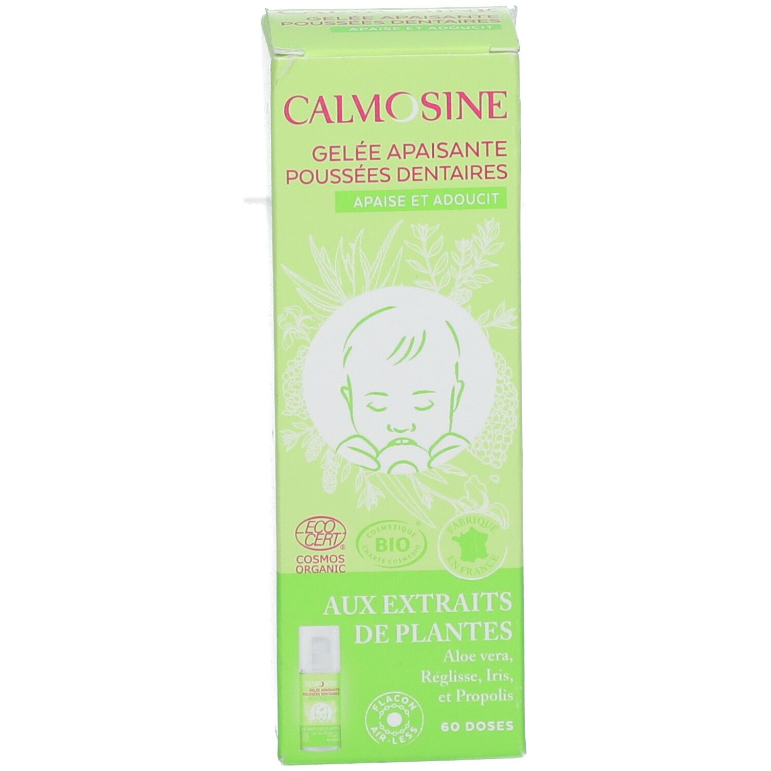 Productverpakking. Opschrift: Calmosine Gelée Apaisante Poussées Dentaires Bio. Groene verpakking met baby-illustratie en productafbeelding.