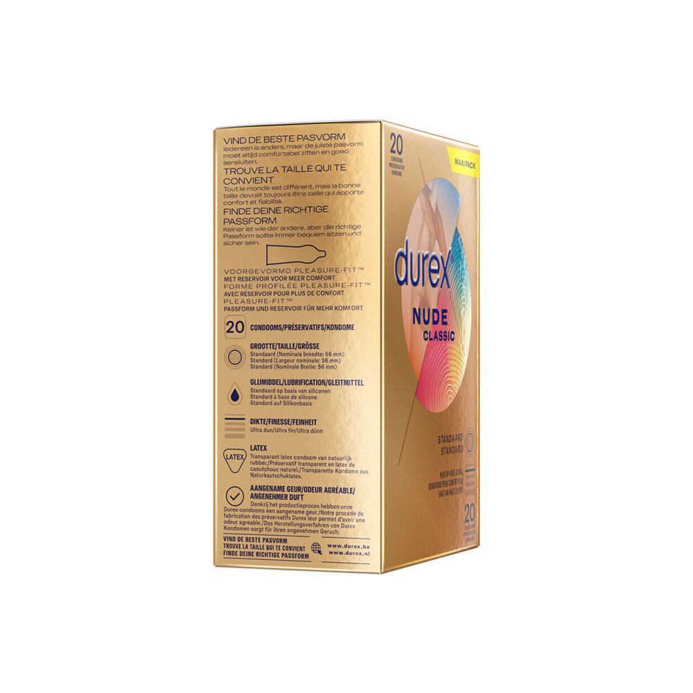 Boîte Durex Nude Classic de 20 préservatifs, vue latérale avec informations.
