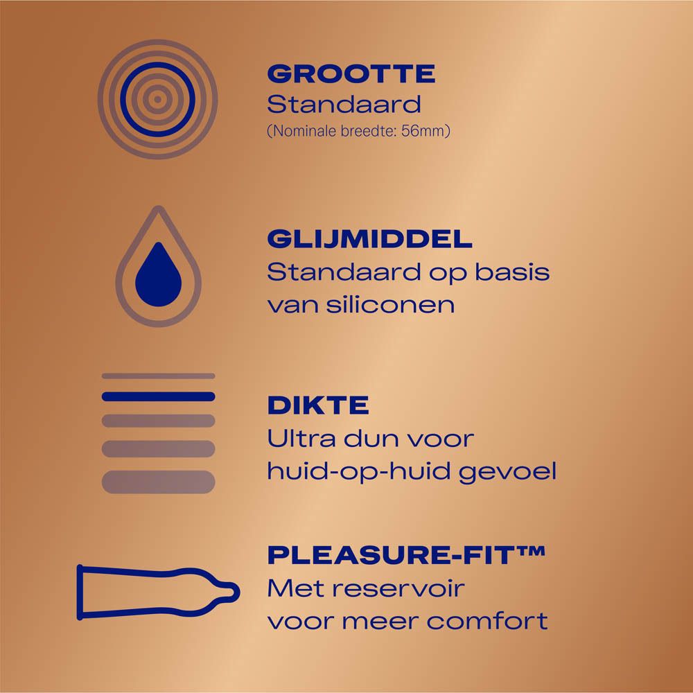 Durex Nude Classic condooms: Standaardmaat, op siliconenbasis glijmiddel, ultradun, met reservoir.