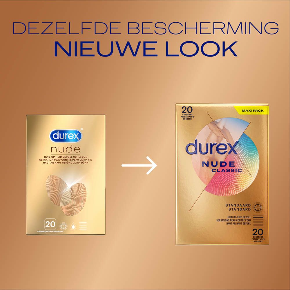 Durex Nude Classic condooms: Ultradun voor een huid-op-huid gevoel. Verpakking van 20 stuks.