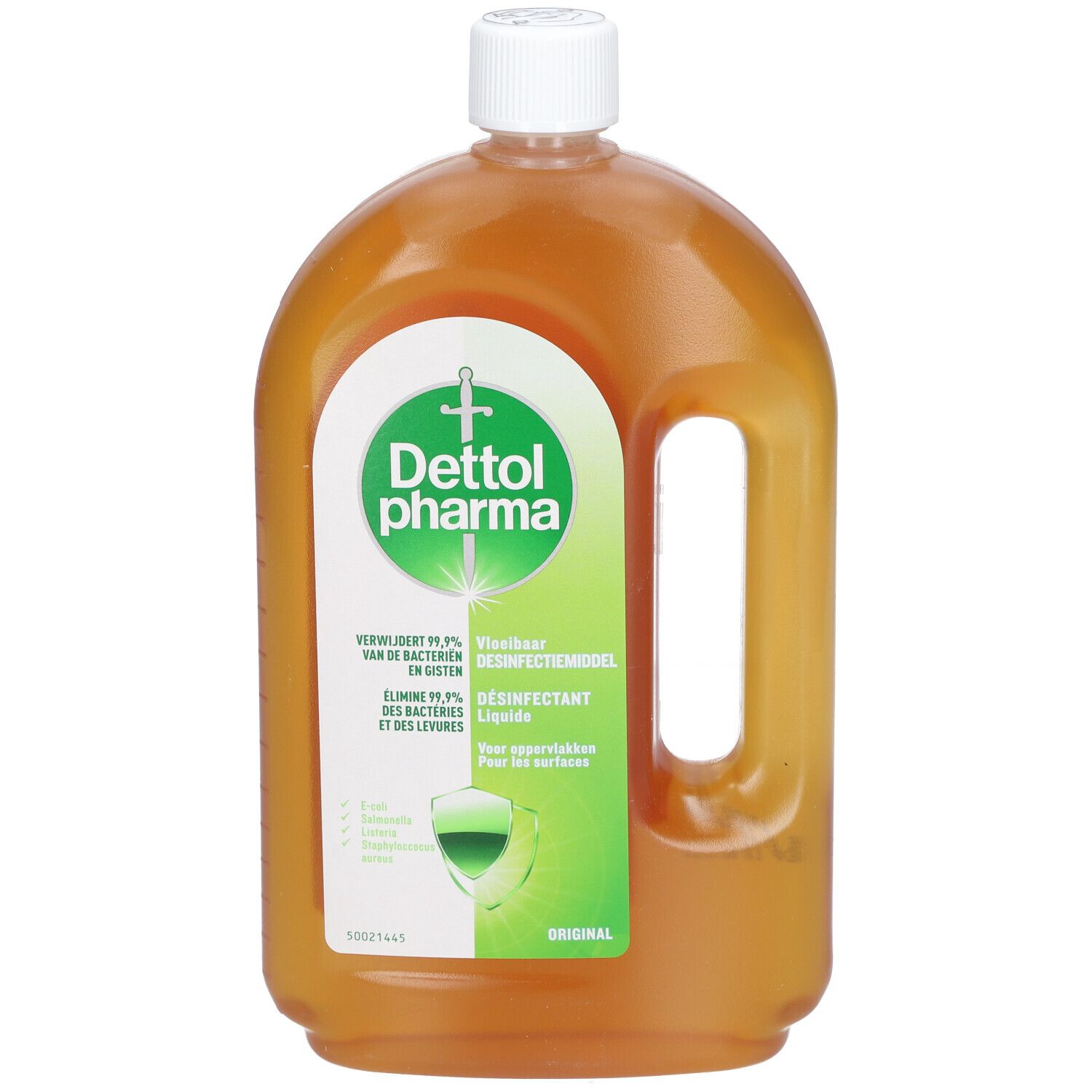 Vloeibaar ontsmettingsmiddel in fles met handvat. Groen-wit etiket met logo en tekst. Origineel.