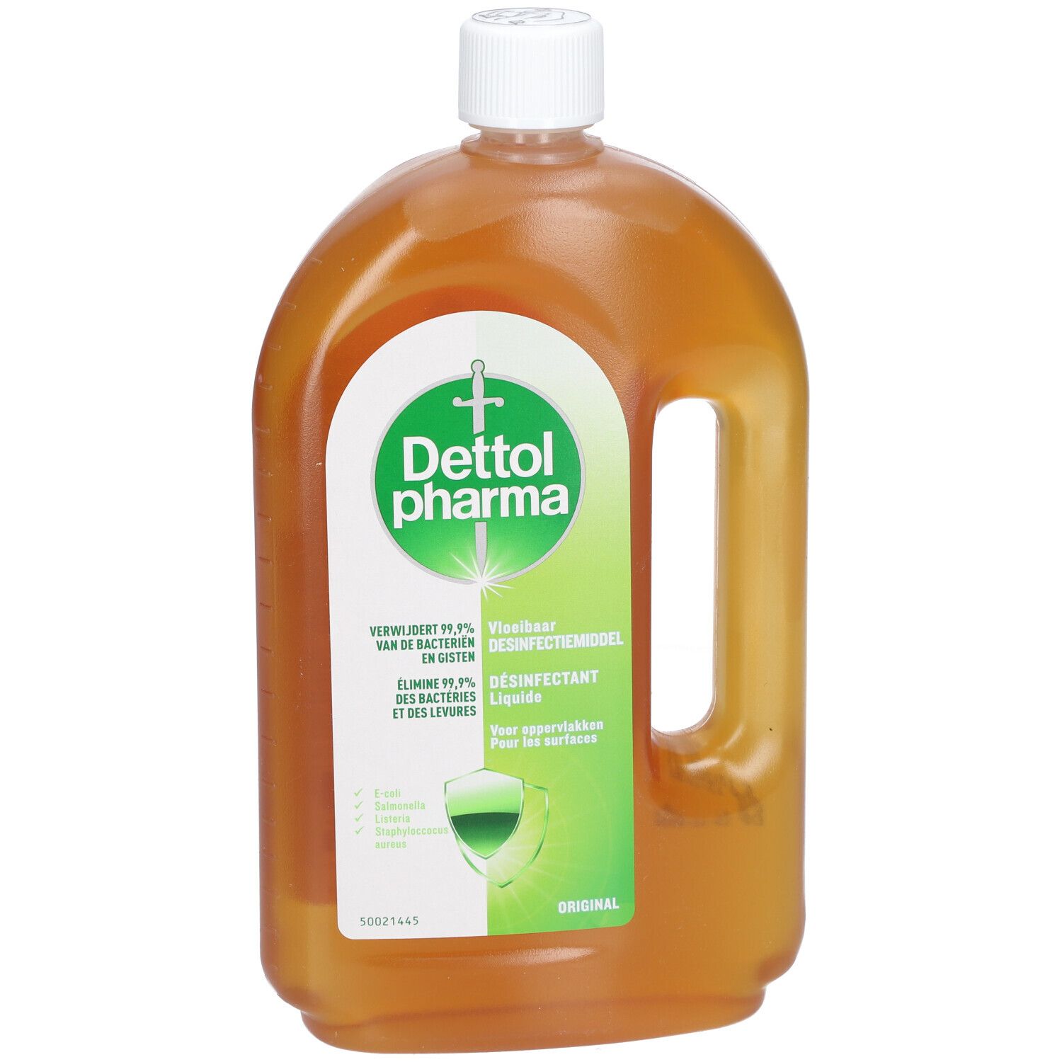 Fles met bruine vloeistof. Groen-wit etiket met logo en tekst. Origineel. Met handvat.