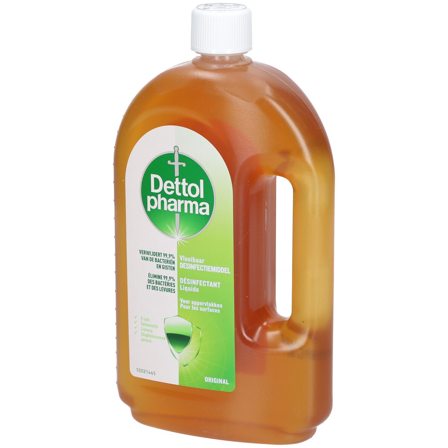 Vloeibaar ontsmettingsmiddel in fles met handvat. Opschrift: Dettol pharma. Groen-wit etiket. Original.