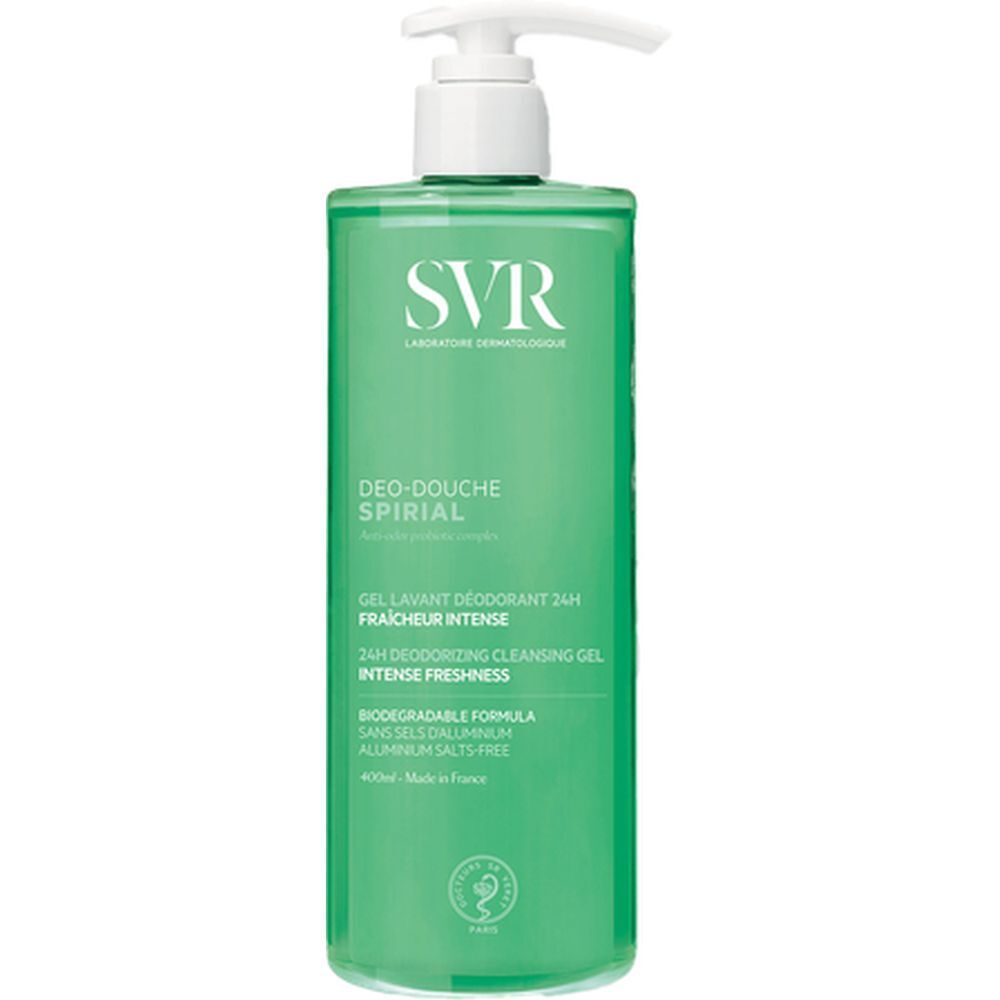 Groene fles met witte pomp. Opschrift SVR, Deo-Douche Spirial, Intense Freshness. 400ml.