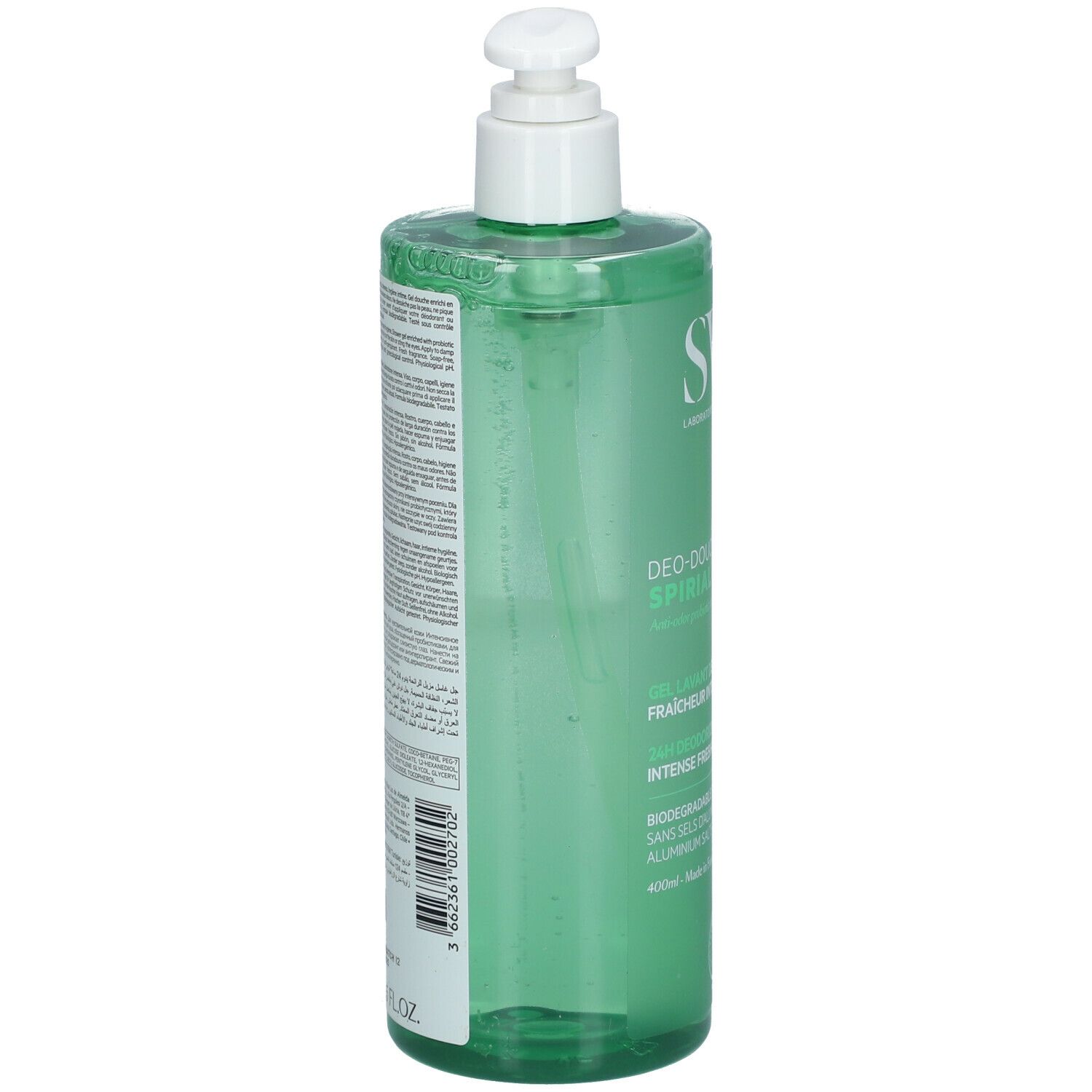 Grüne Flasche mit weißem Pumpkopf. Rückseite mit Text. Aufschrift SVR, Deo-Douche Spirial. 400ml.
