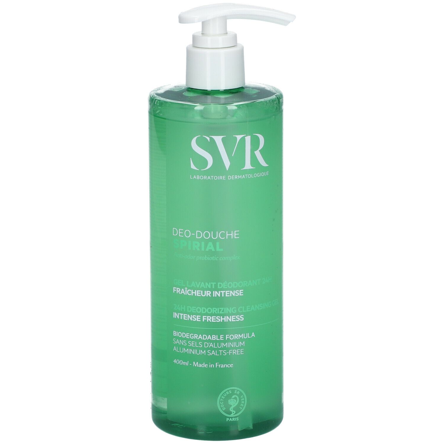 Grüne Flasche mit weißem Pumpkopf. Aufschrift SVR, Deo-Douche Spirial, Intense Freshness. 400ml.