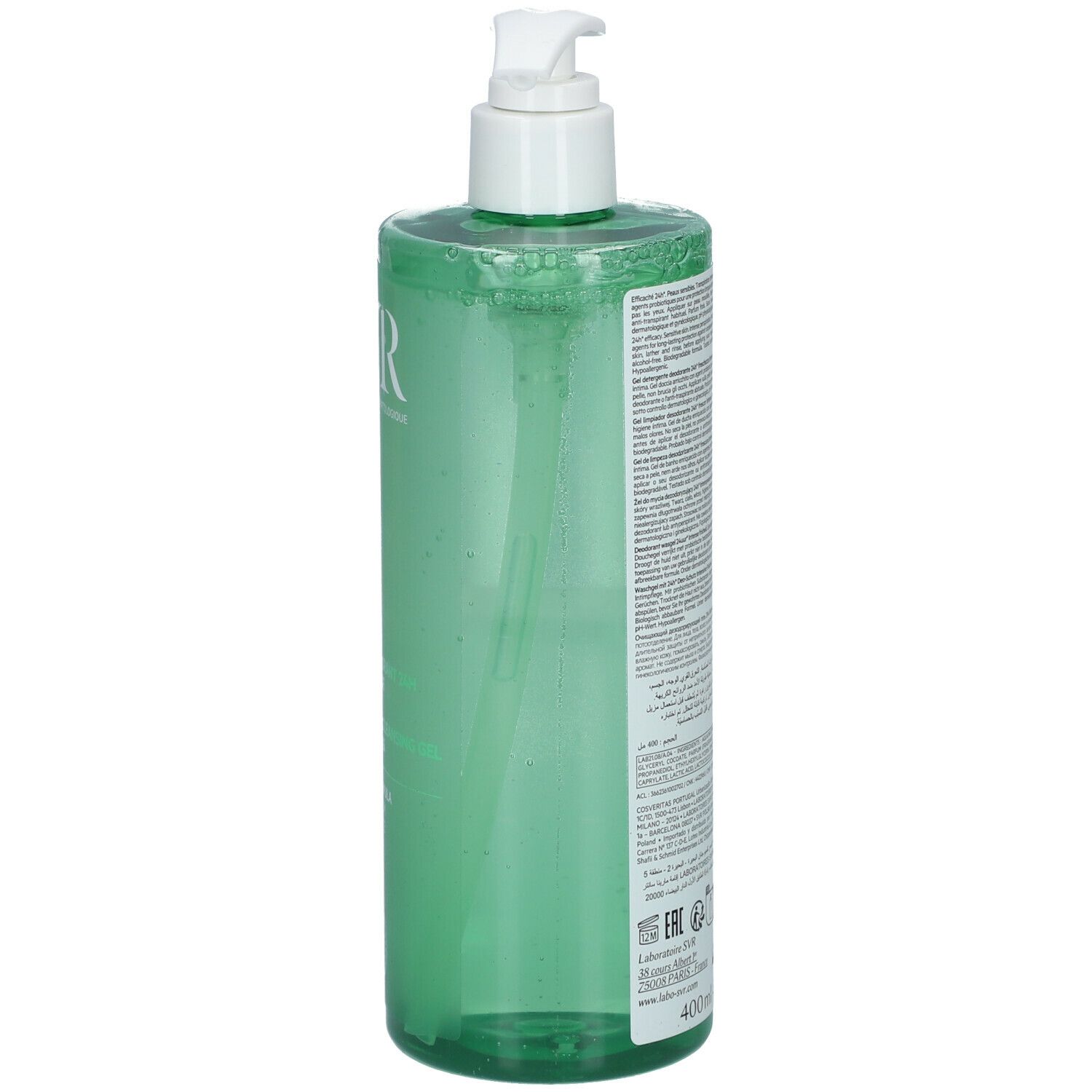 Grüne Flasche mit weißem Pumpkopf. Rückseite mit Text. Aufschrift SVR, Deo-Douche. 400ml.