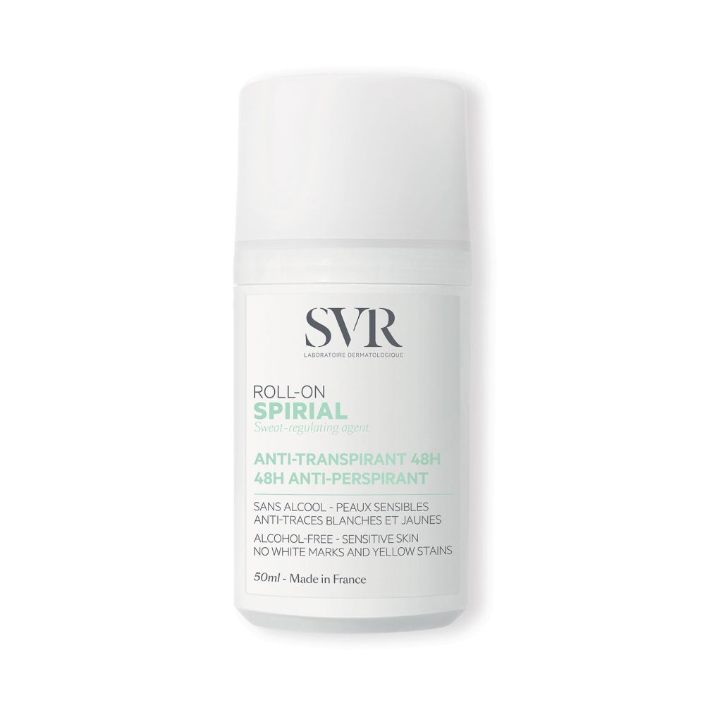 Witte roll-on. SVR-logo en SPIRIAL. Tekst: Anti-transpirant 48H. Zonder alcohol, gevoelige huid.