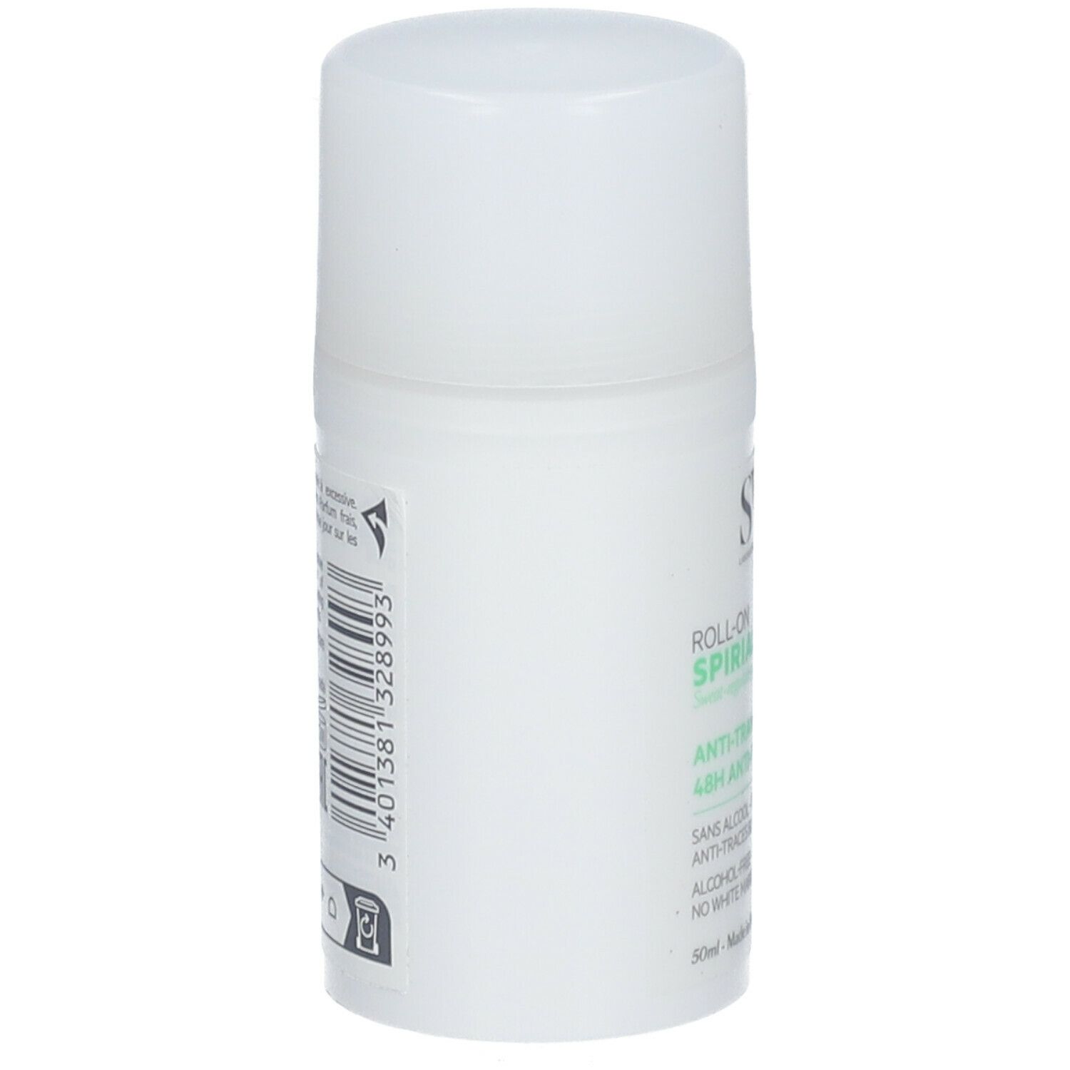 Witte roll-on. SVR-logo en SPIRIAL. Tekst: Anti-transpirant 48H. Zijkant.