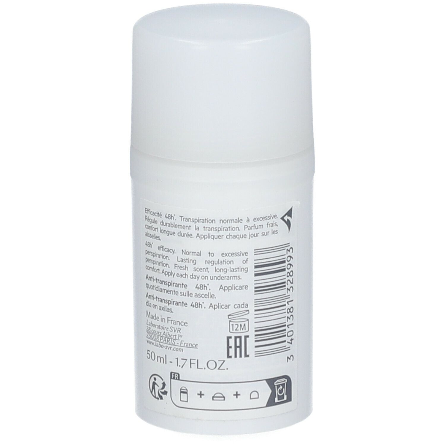 Witte roll-on. Achterkant met tekst en barcode. Tekst: Anti-transpirant 48H. Made in France.