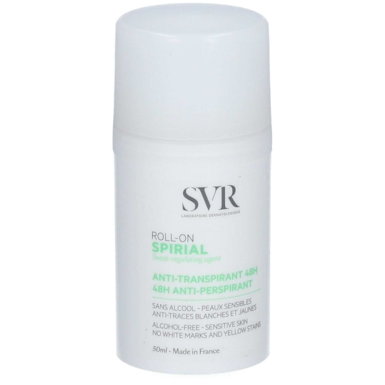 Witte roll-on. SVR-logo en SPIRIAL. Tekst: Anti-transpirant 48H. Zonder alcohol, gevoelige huid.