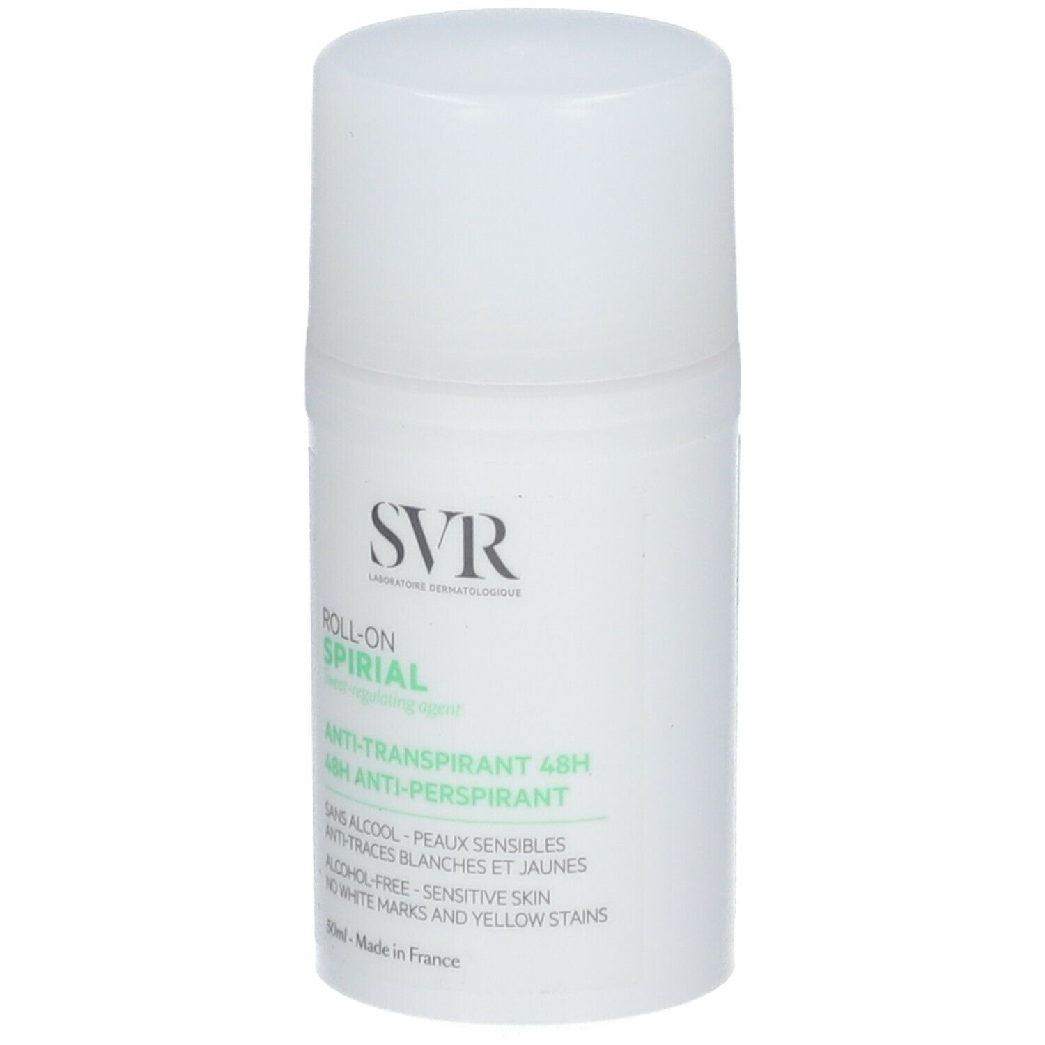 Witte roll-on. SVR-logo en SPIRIAL. Tekst: Anti-transpirant 48H. Zonder alcohol, gevoelige huid.