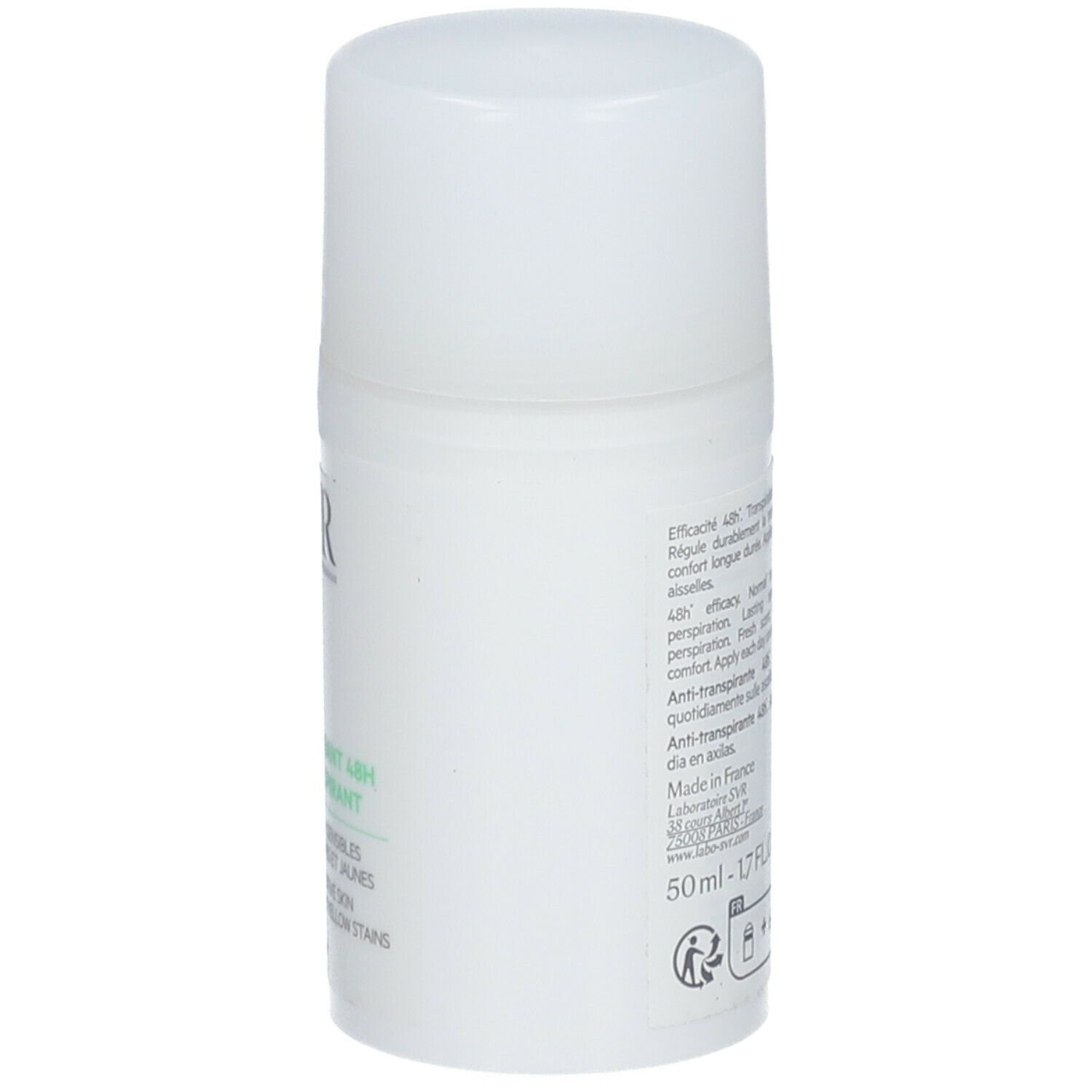 Witte roll-on. Achterkant met tekst. Tekst: Anti-transpirant 48H. Made in France.