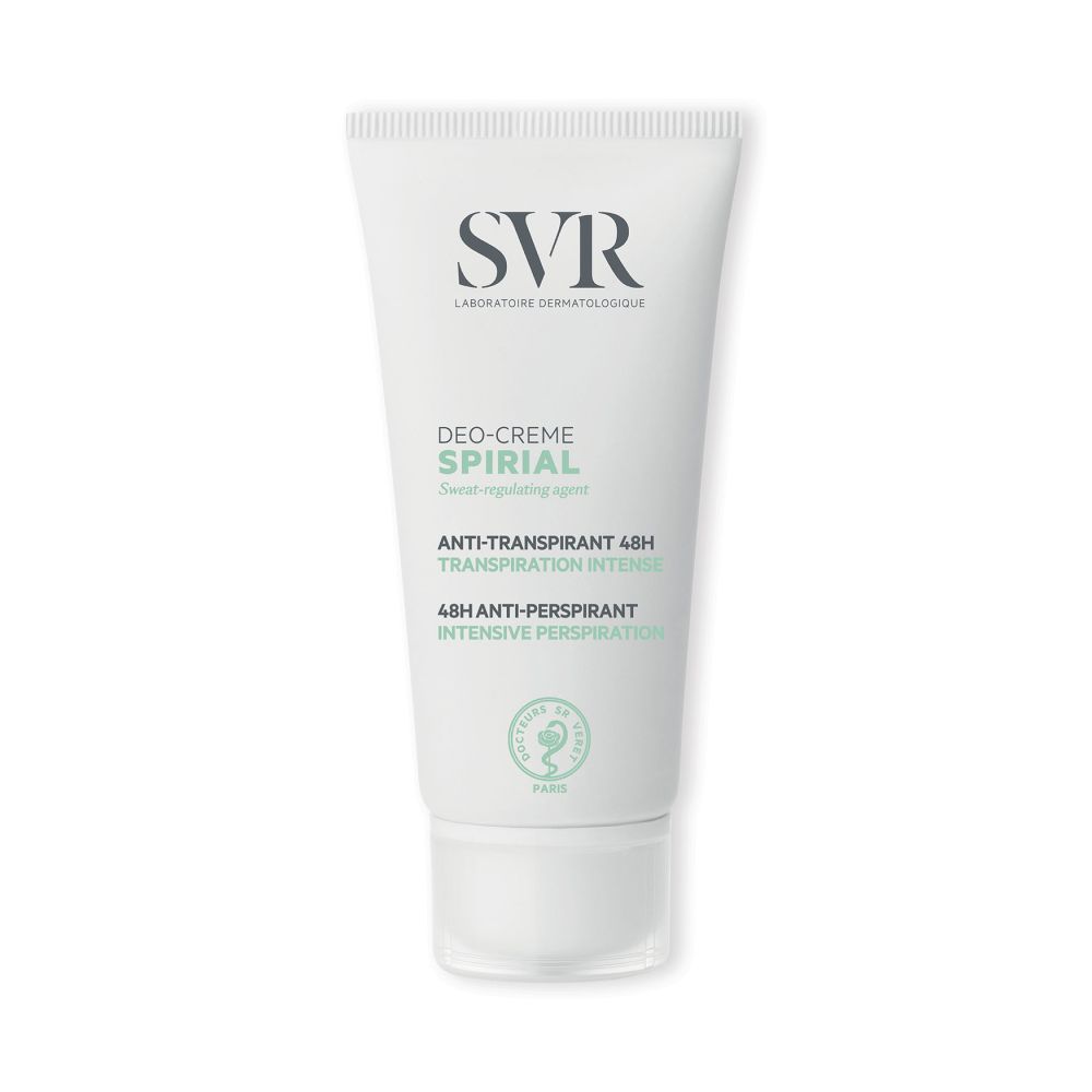 Tube blanc SVR SPIRIAL Deo-Creme. Nom du produit, logo et informations d'utilisation visibles.