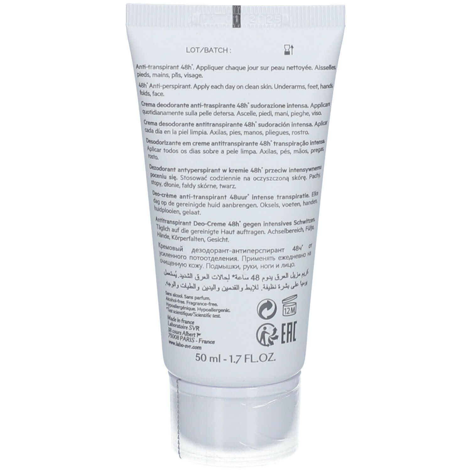 Dos du tube blanc. Informations d'utilisation, ingrédients, détails fabricant. Texte multilingue.