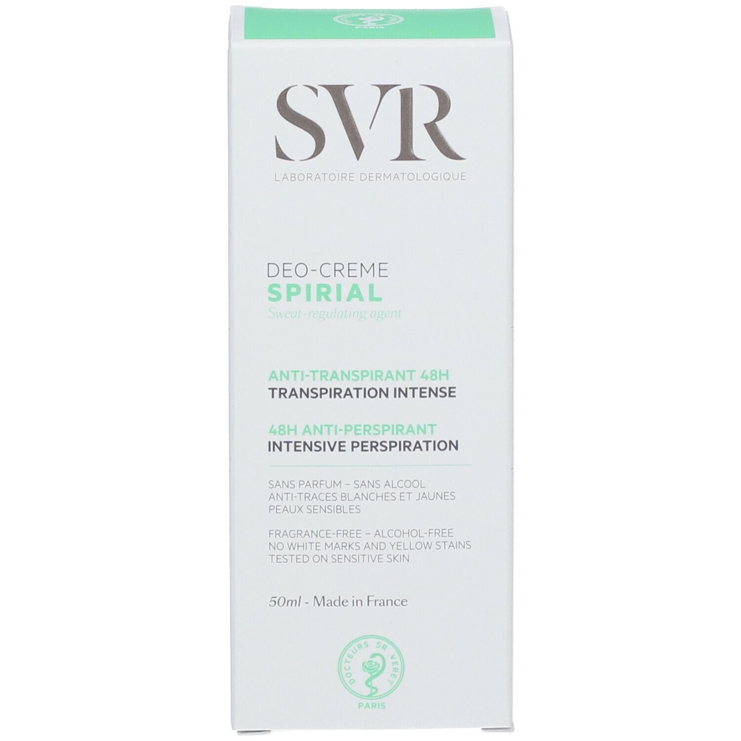 Boîte en carton avec logo SVR et nom SPIRIAL Deo-Creme. Contient des informations et des détails.