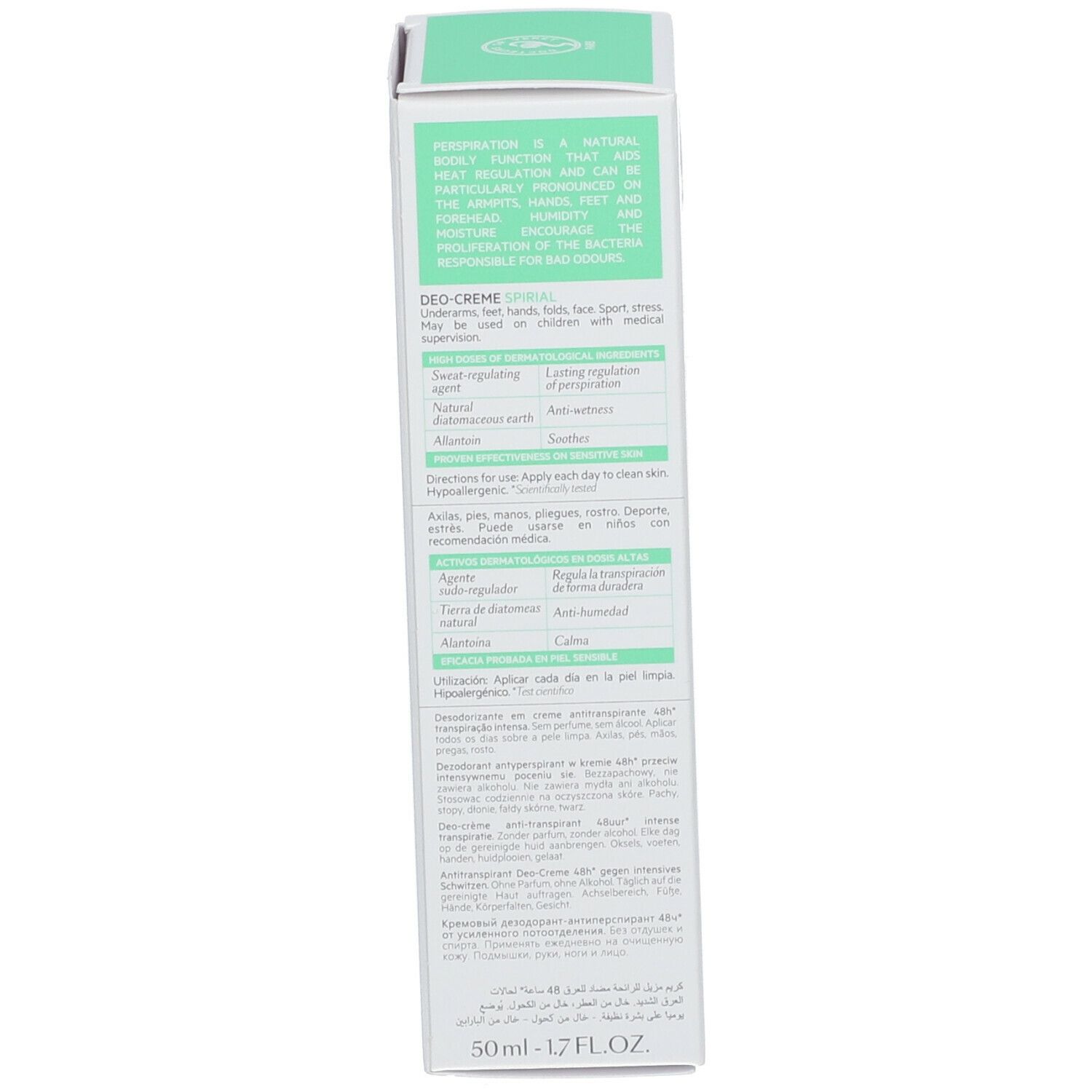 Dos de la boîte en carton. Informations d'utilisation, ingrédients et détails du fabricant.