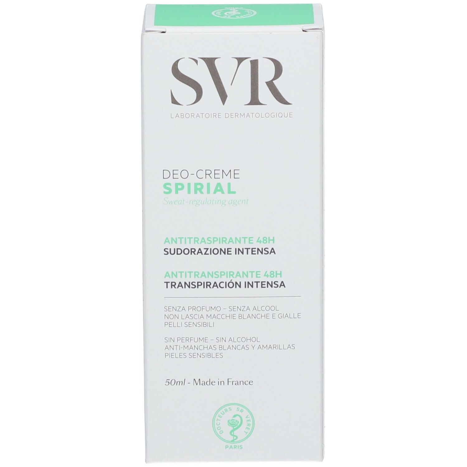 Face avant de la boîte en carton. Informations sur le produit, logo SVR et nom SPIRIAL Deo-Creme.