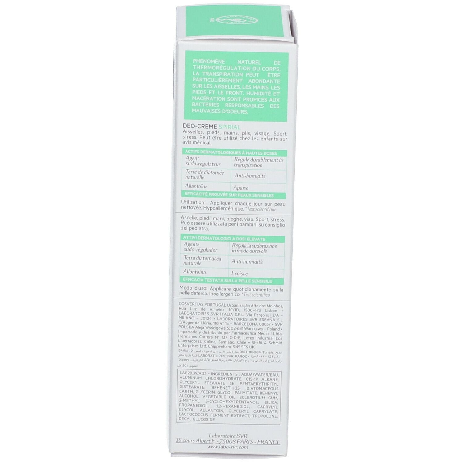 Dos de la boîte en carton. Informations d'utilisation, ingrédients et détails du fabricant.